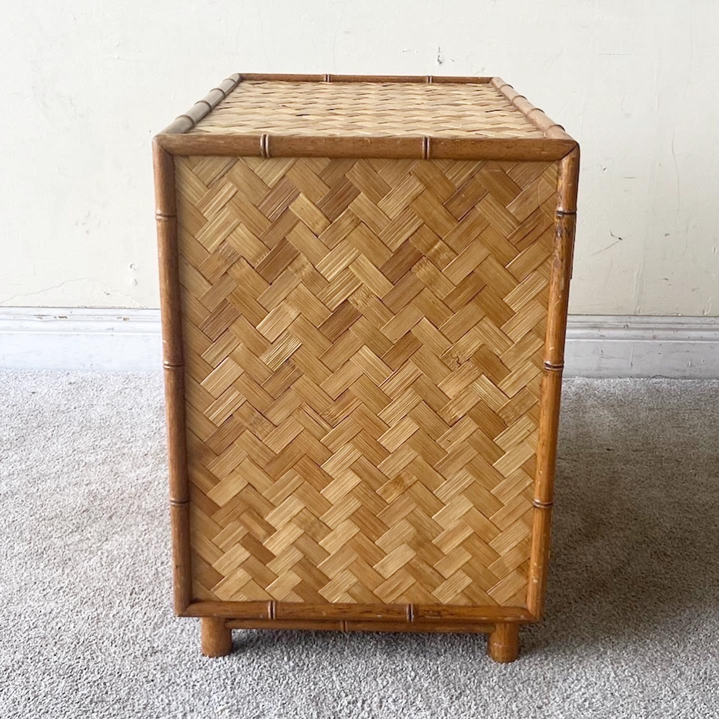 Boho Chic Faux Bamboo and Herringbone Chest Cabinet In Good Condition For Sale In Delray Beach, FL