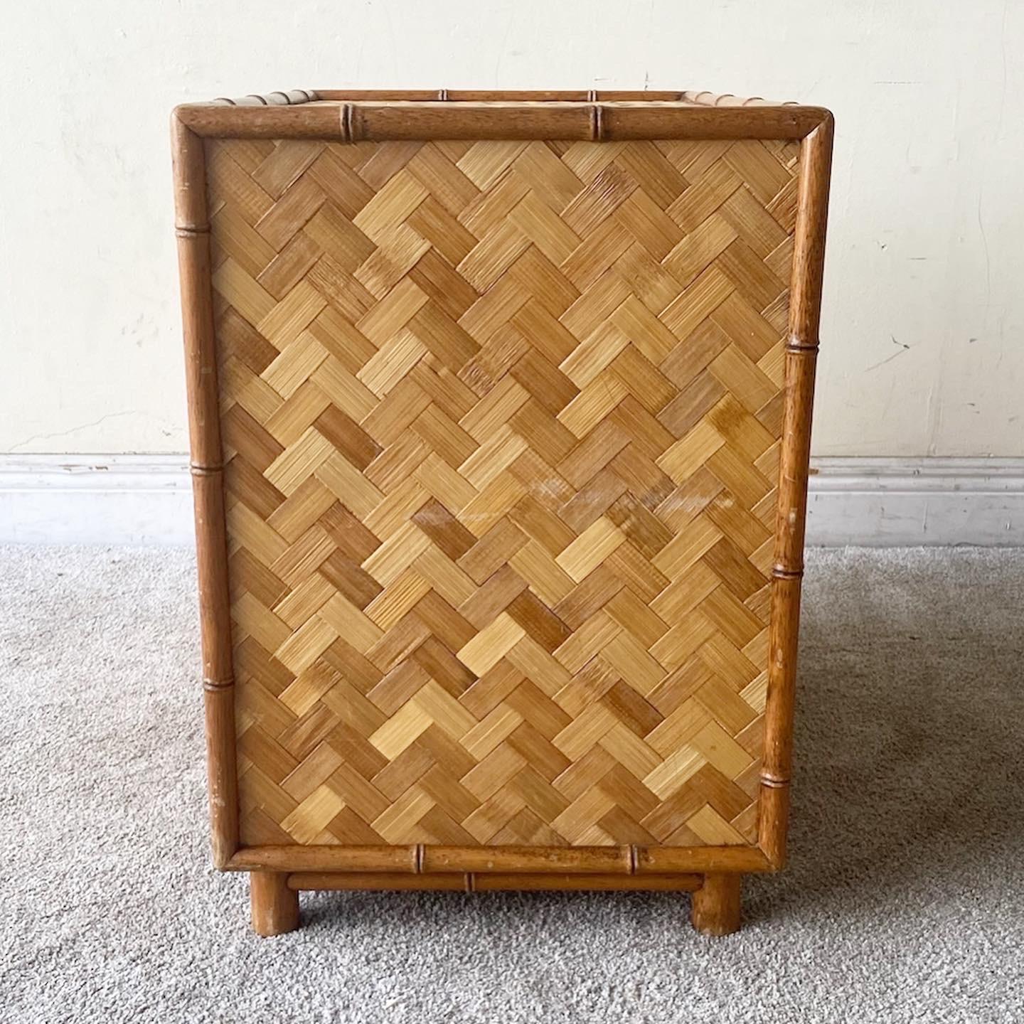 Late 20th Century Boho Chic Faux Bamboo and Herringbone Chest Cabinet For Sale