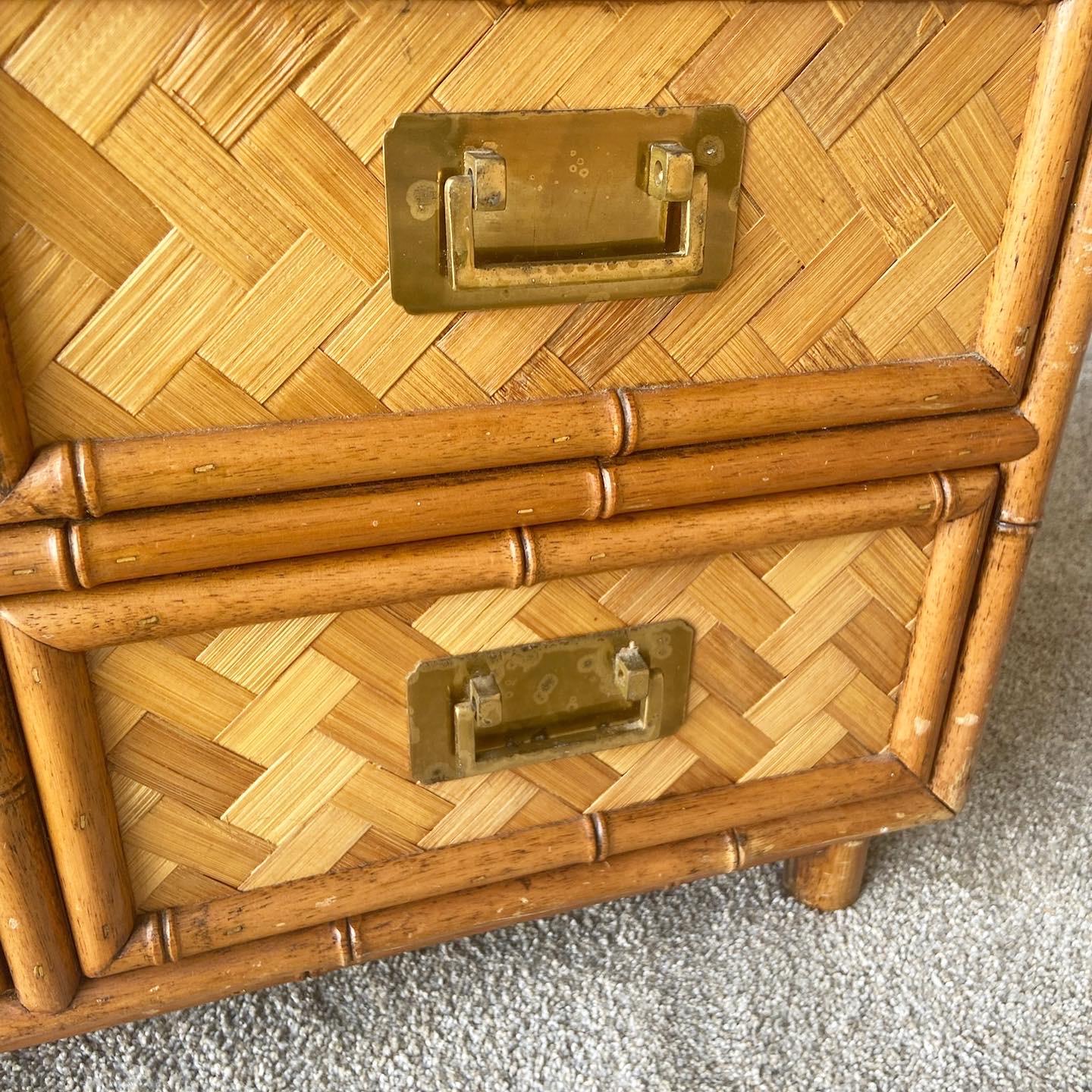 Boho Chic Faux Bamboo and Herringbone Chest Cabinet For Sale 2