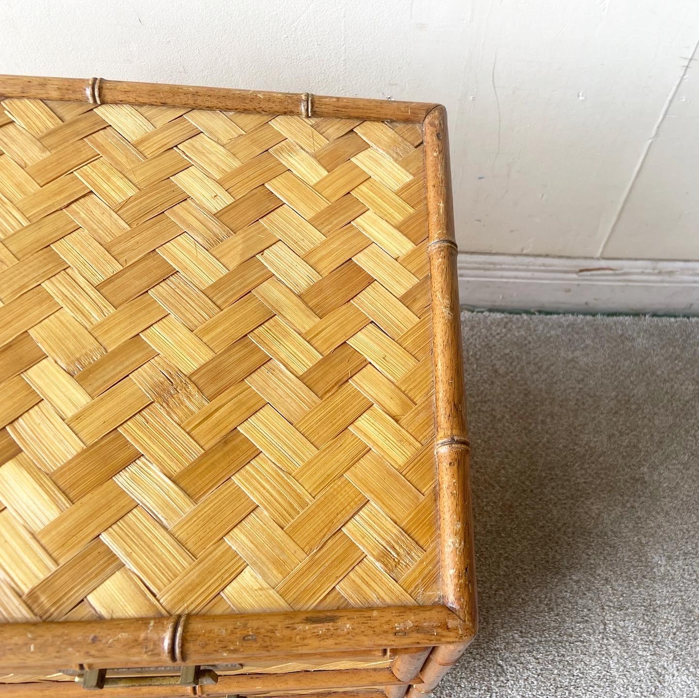 Boho Chic Faux Bamboo and Herringbone Chest Cabinet For Sale 3