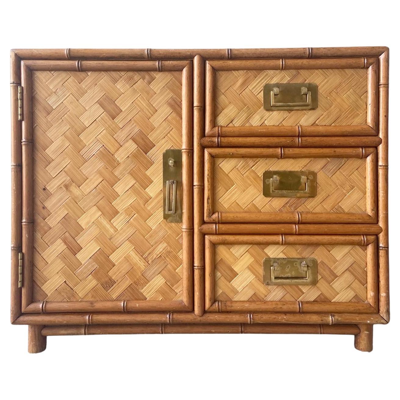Boho Chic Faux Bamboo and Herringbone Chest Cabinet For Sale