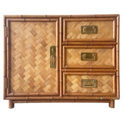 Vintage Boho Chic Faux Bamboo and Herringbone Chest Cabinet