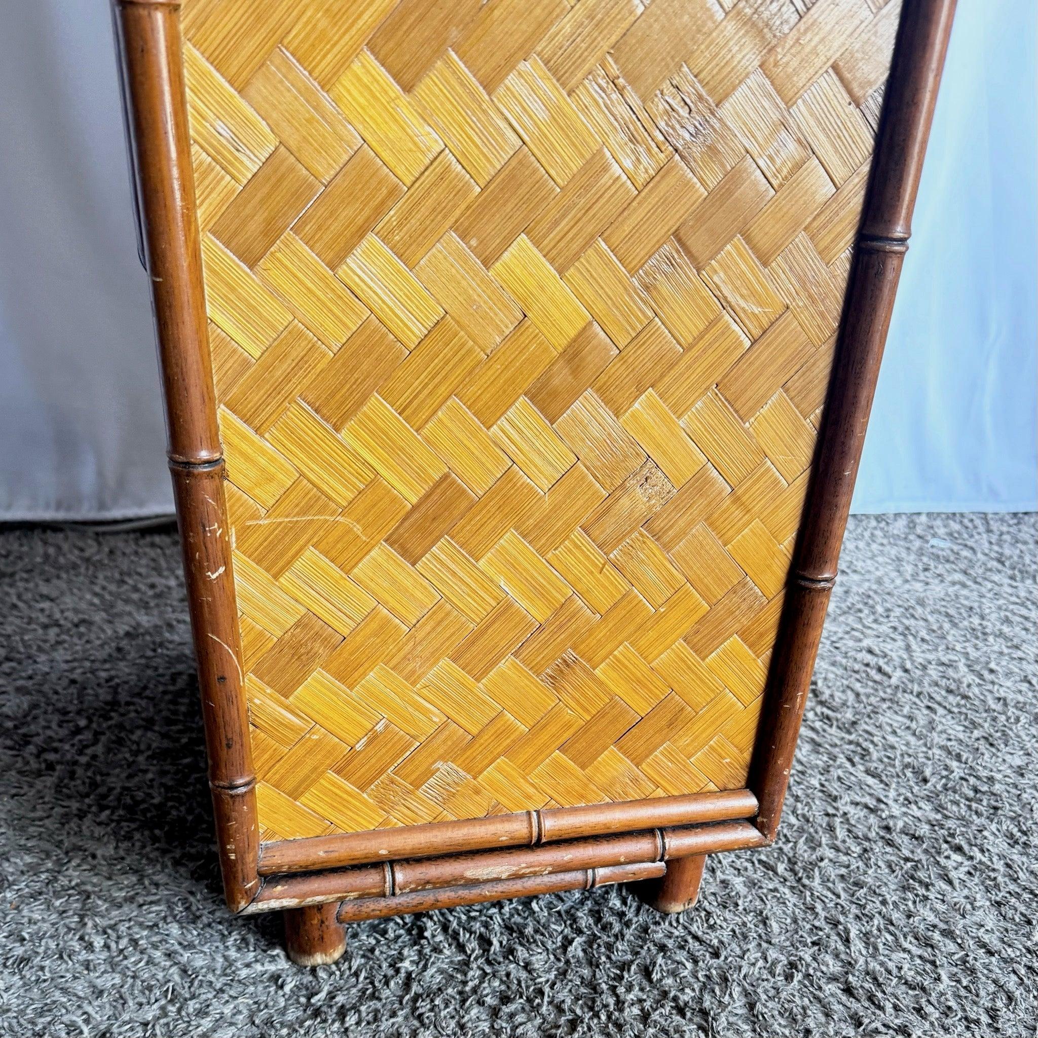 Philippine Boho Chic Faux Bamboo and Herringbone Wicker Highboy/Lingerie Armoire For Sale