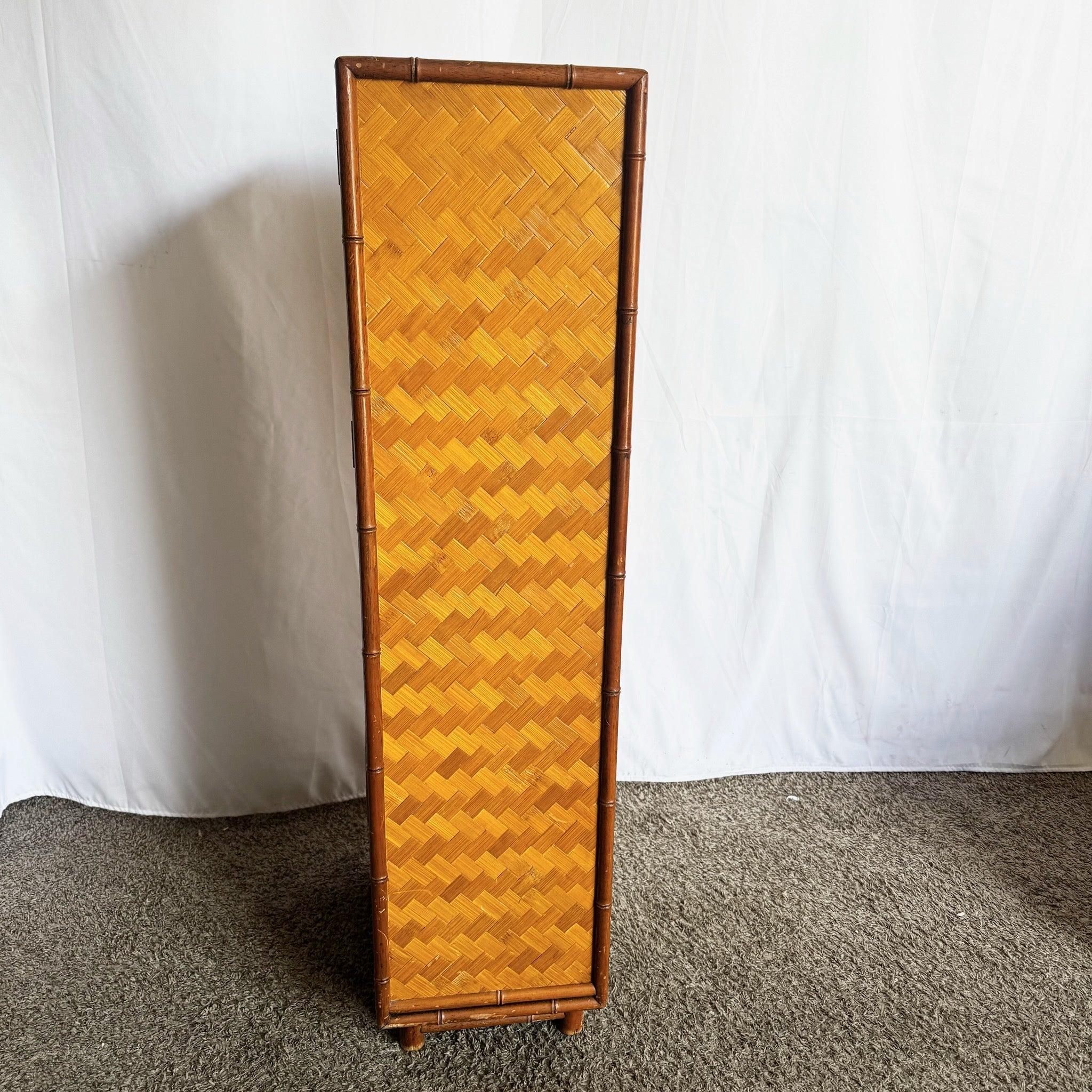 Boho Chic Faux Bamboo and Herringbone Wicker Highboy/Lingerie Armoire In Good Condition For Sale In Delray Beach, FL