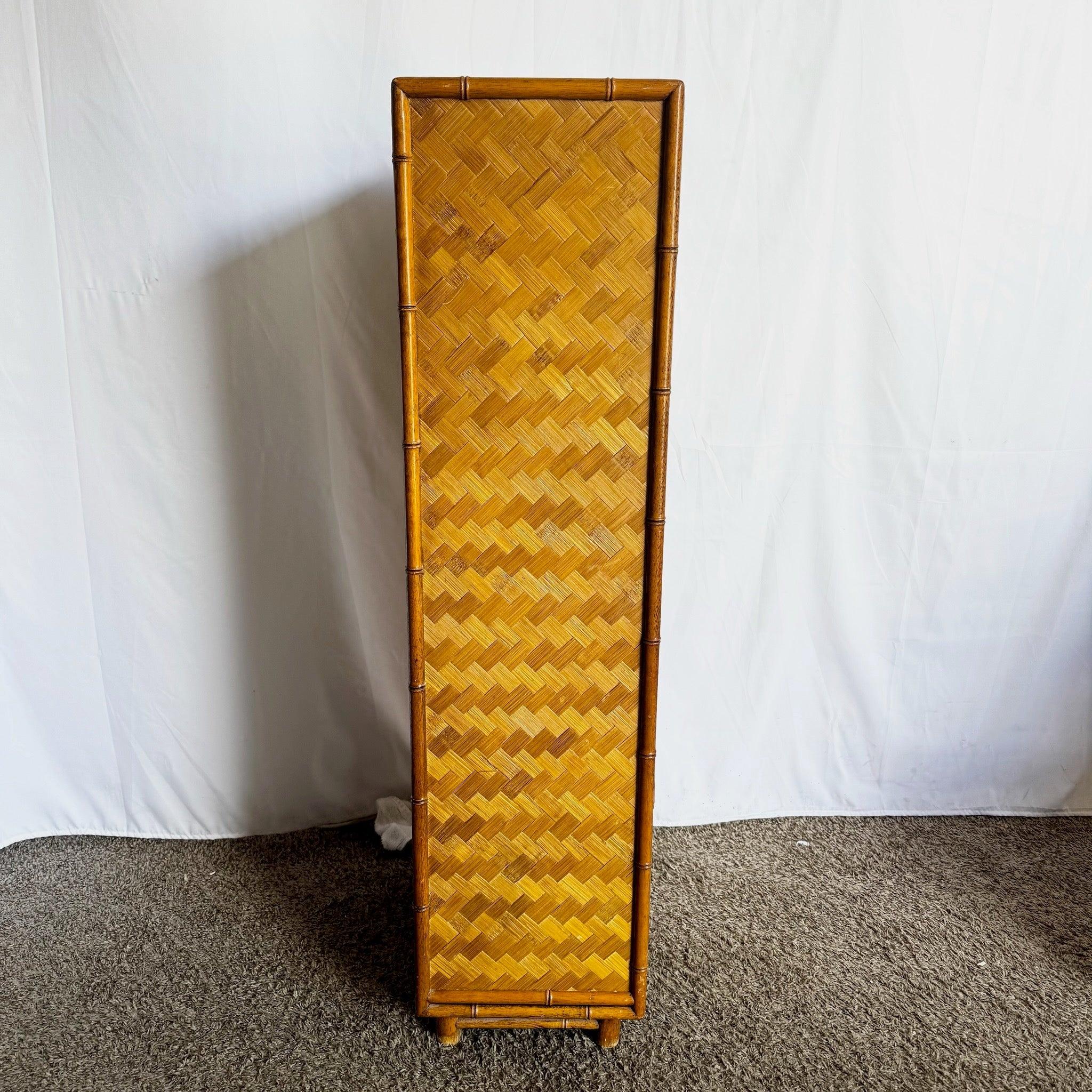 Boho Chic Faux Bamboo and Herringbone Wicker Highboy/Lingerie Armoire For Sale 1