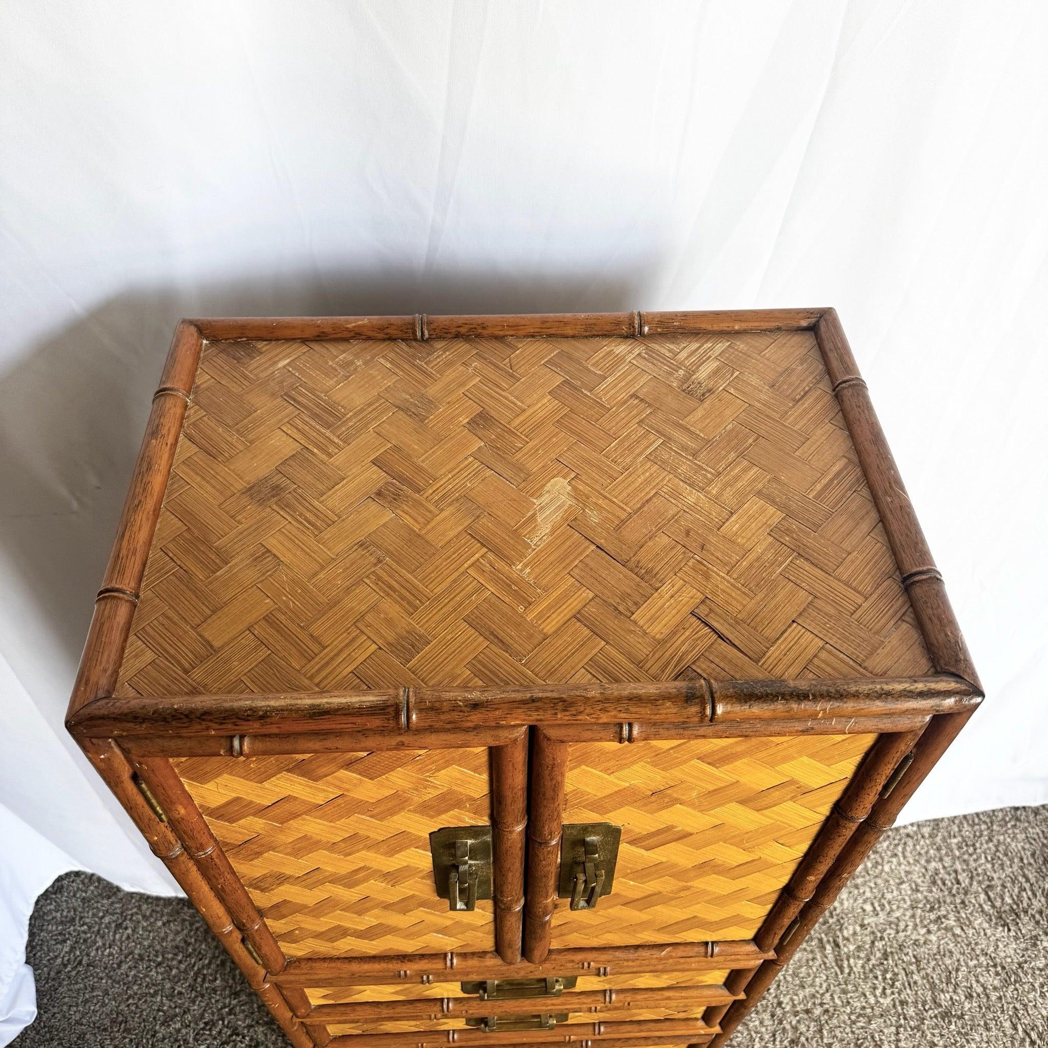 Boho Chic Faux Bamboo and Herringbone Wicker Highboy/Lingerie Armoire For Sale 3