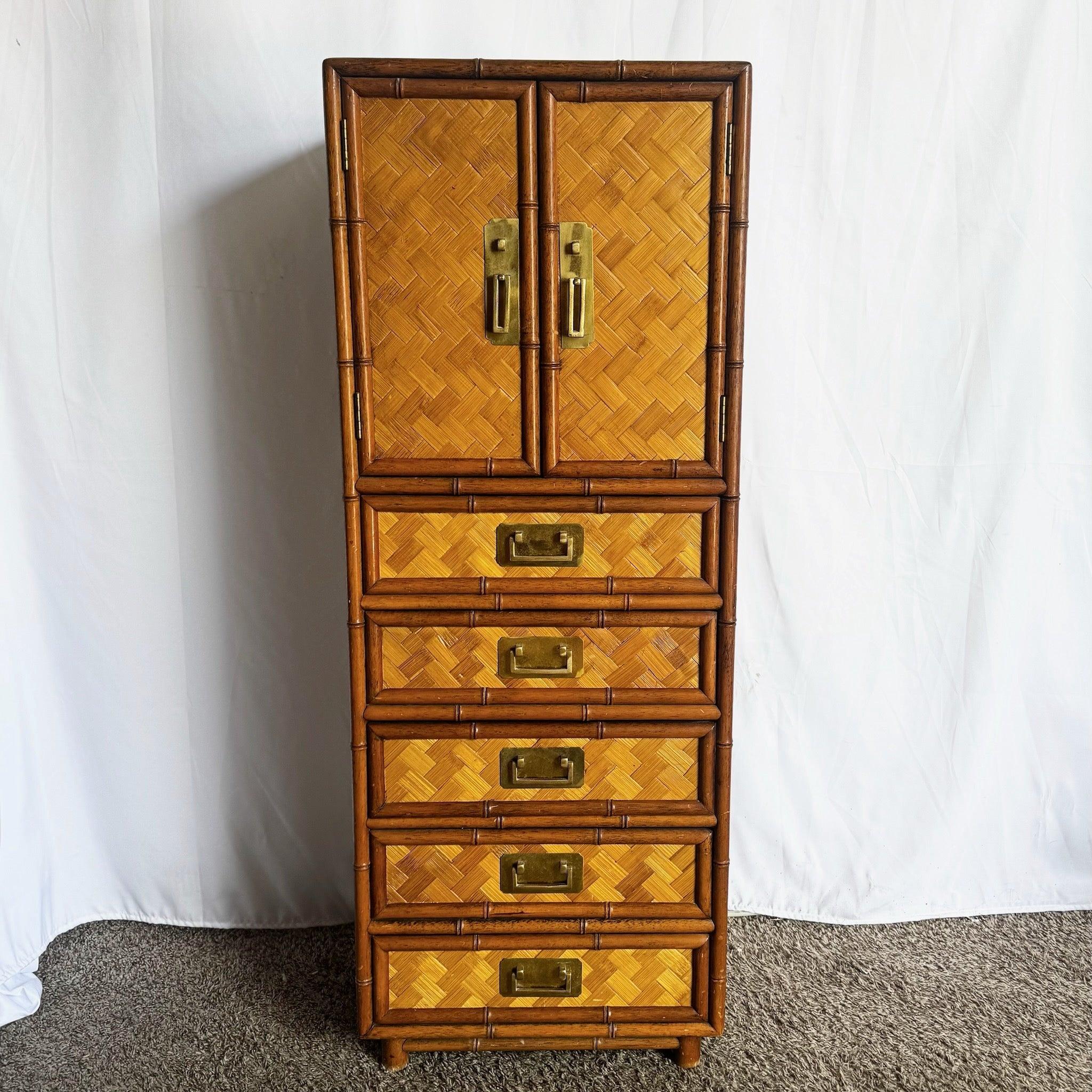 Boho Chic Faux Bamboo and Herringbone Wicker Highboy/Lingerie Armoire For Sale 4