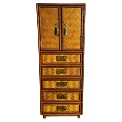 Boho Chic Faux Bamboo and Herringbone Wicker Highboy/Lingerie Armoire