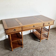 Boho Chic Faux Bamboo and Leather Top Wicker Desk