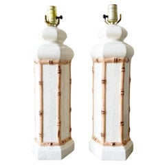 Boho Chic Faux Bamboo Ceramic Table Lamps, a Pair