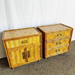 Boho Chic Faux Bamboo & Herringbone Nightstands/Side Tables - Set of 2