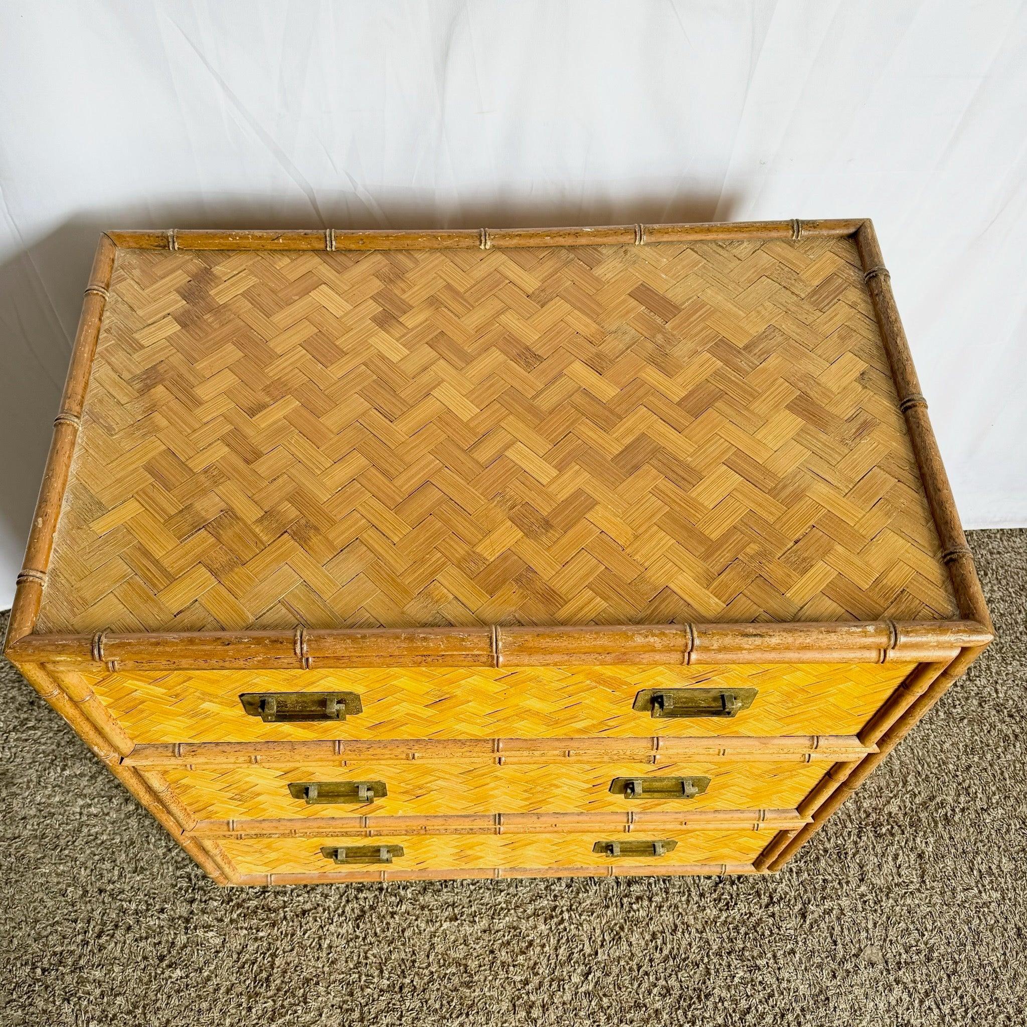 Boho Chic Faux Bamboo Herringbone Wicker Chest of Drawers With Brass Handles For Sale 5