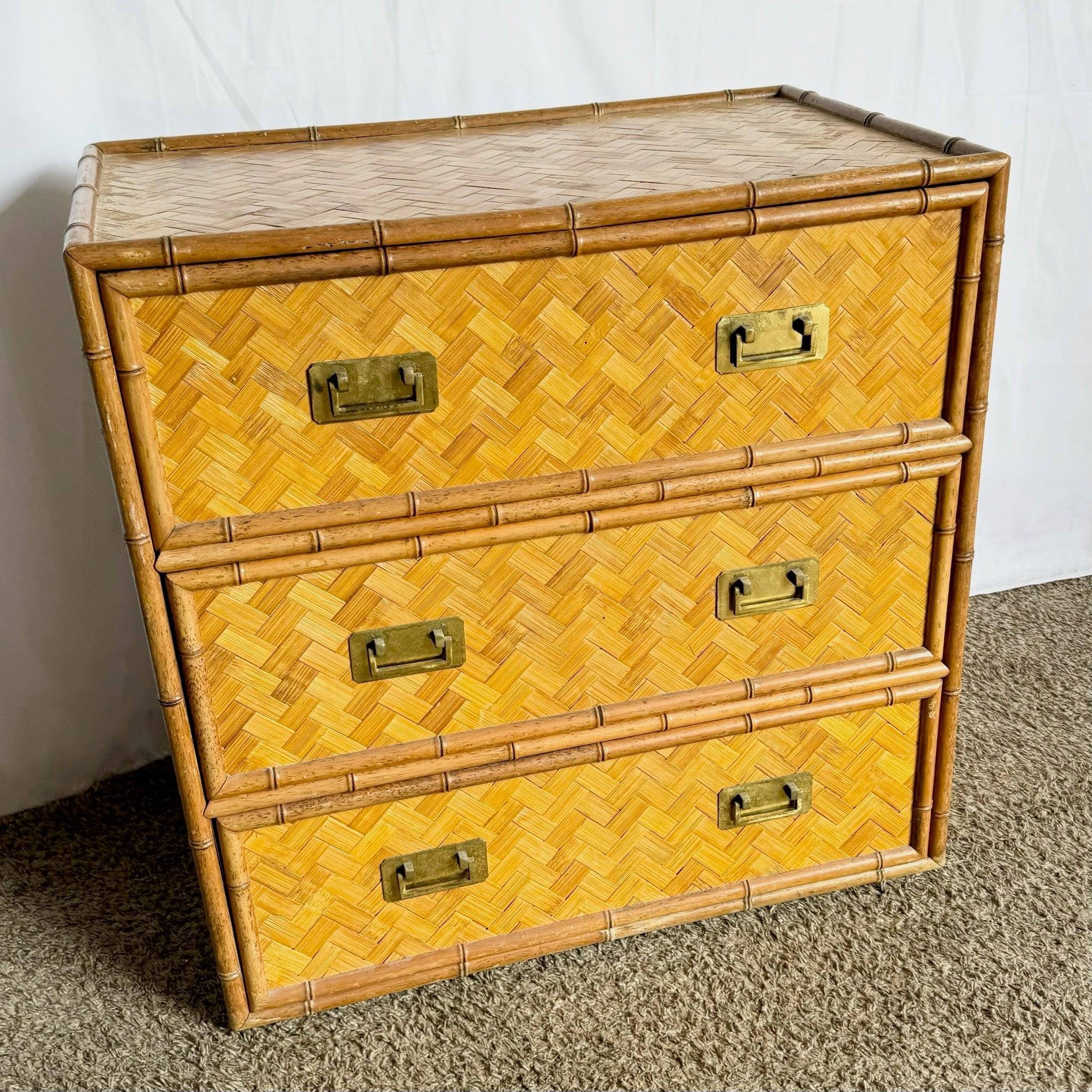 Boho Chic Faux Bamboo Chest with herringbone wicker and brass handles—adds relaxed sophistication to any room.​
 
 Some wear around the edges as seen in the photos and the drawers are a little stiff to pull out. 
 
 We sell items as acquired,