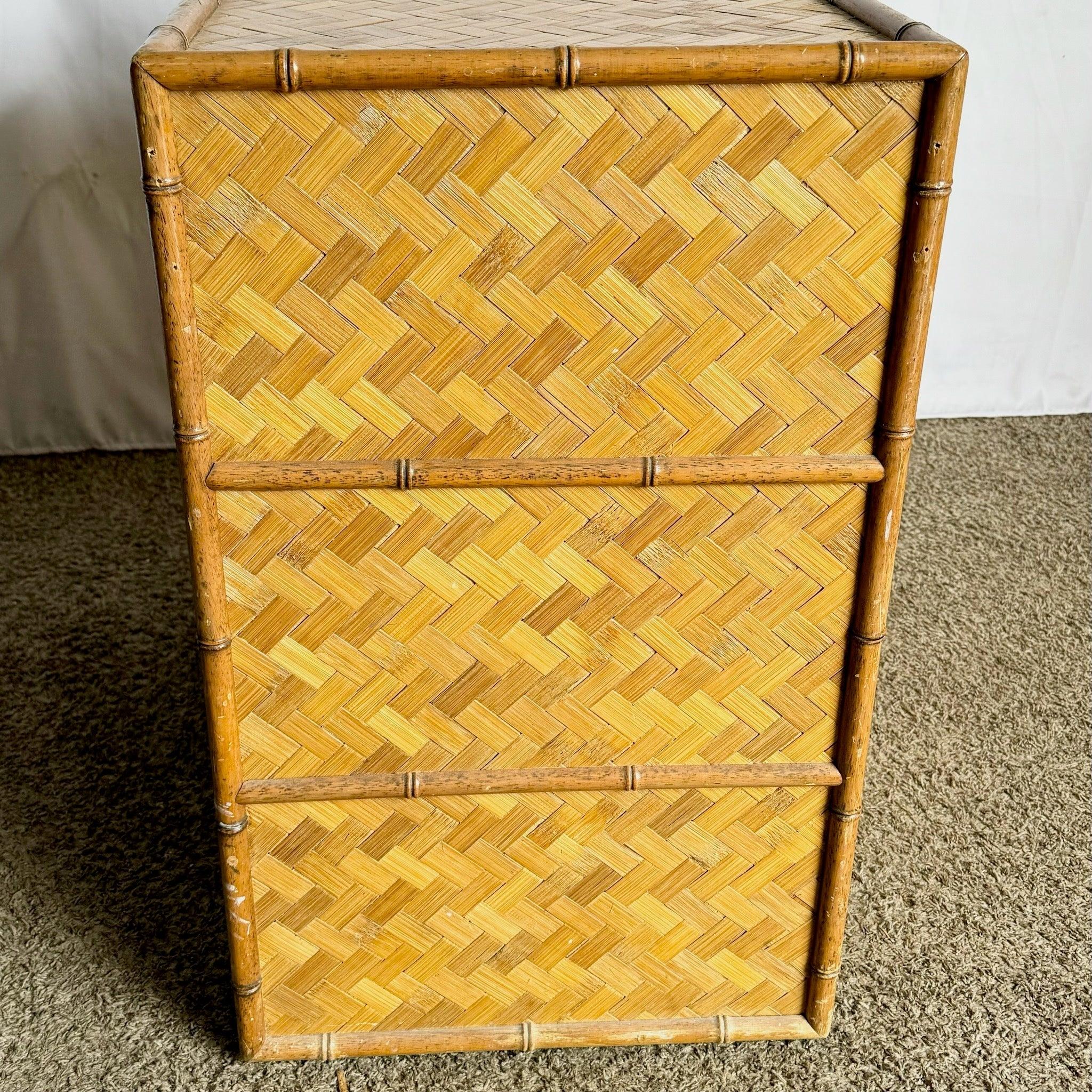 Boho Chic Faux Bamboo Herringbone Wicker Chest of Drawers With Brass Handles In Good Condition For Sale In Delray Beach, FL