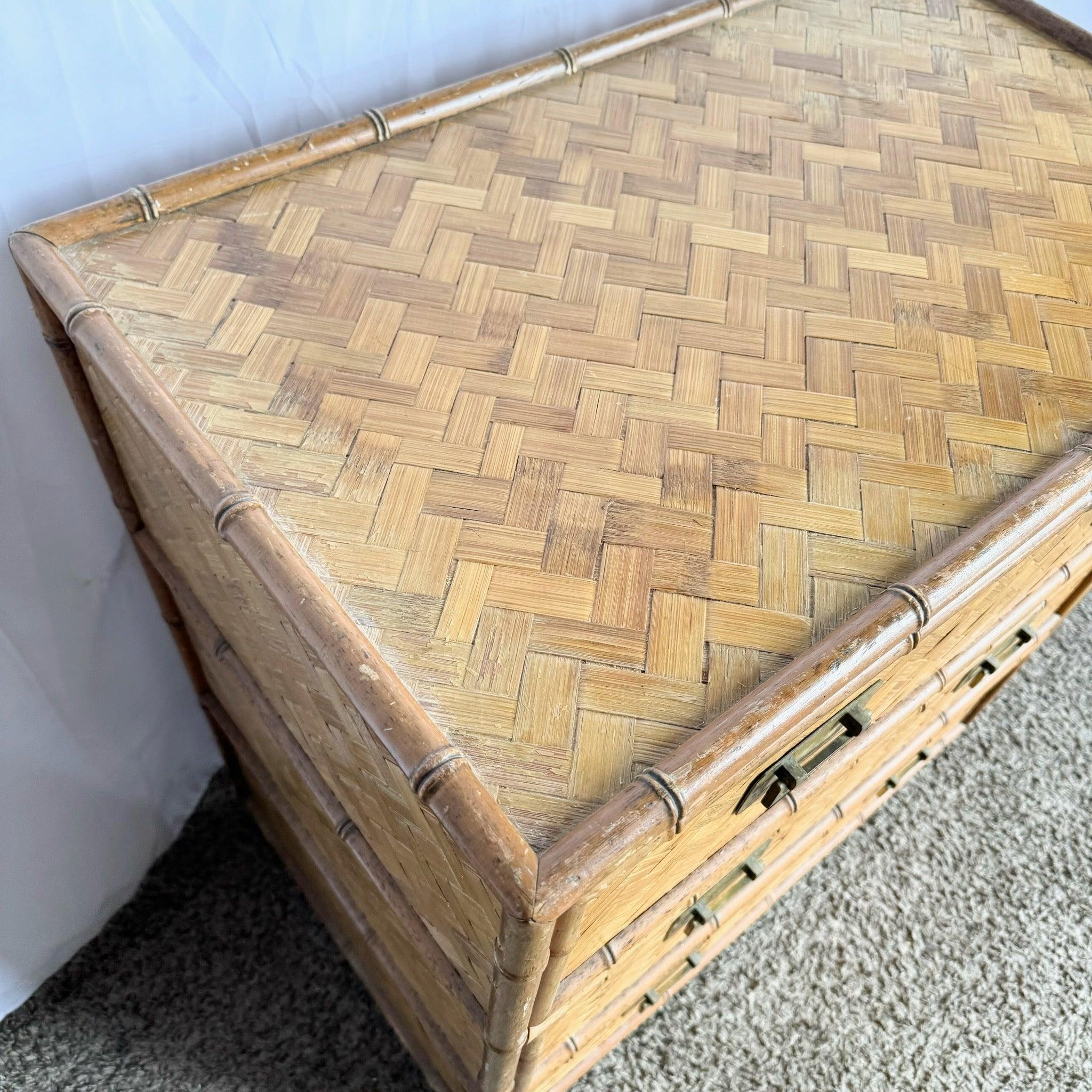 Boho Chic Faux Bamboo Herringbone Wicker Chest of Drawers With Brass Handles For Sale 1