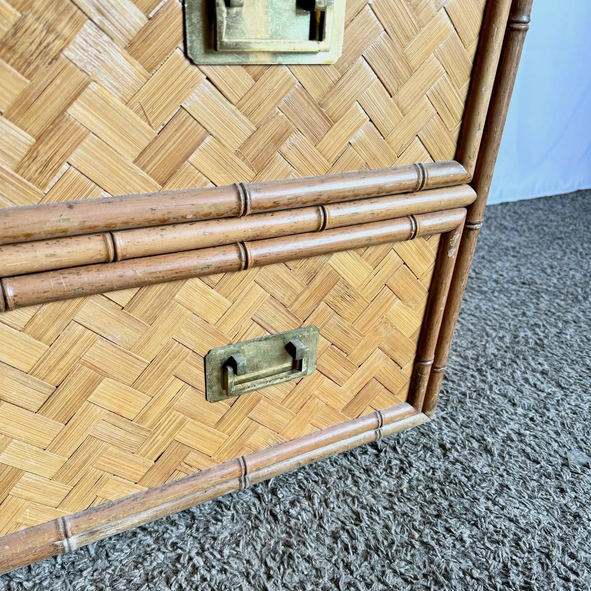 Boho Chic Faux Bamboo Herringbone Wicker Chest of Drawers With Brass Handles For Sale 2