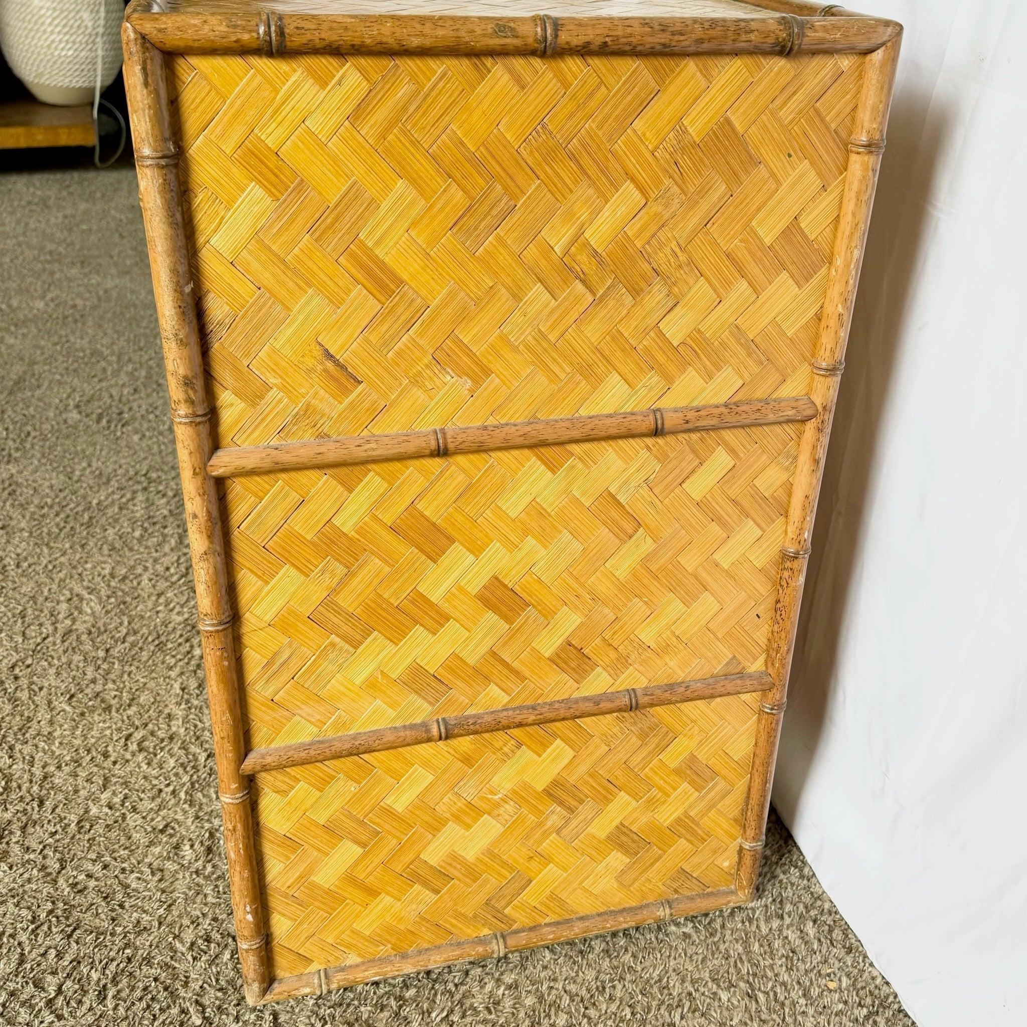 Boho Chic Faux Bamboo Herringbone Wicker Chest of Drawers With Brass Handles For Sale 3