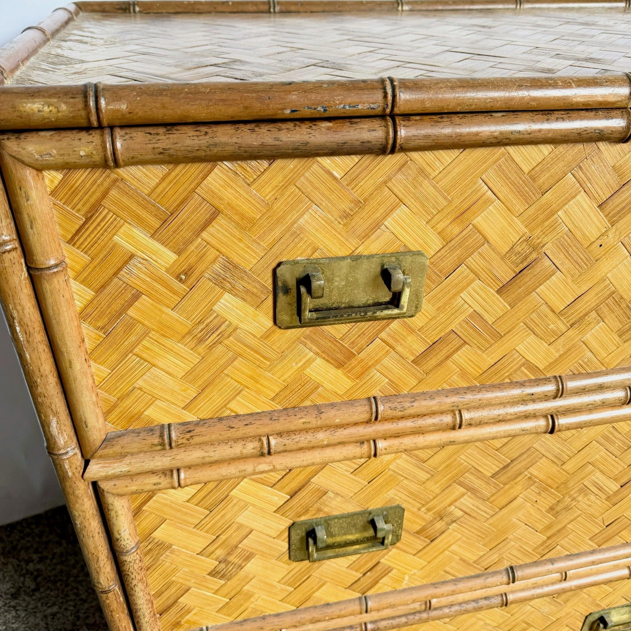 Boho Chic Faux Bamboo Herringbone Wicker Chest of Drawers With Brass Handles For Sale 4