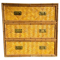 Boho Chic Faux Bamboo Herringbone Wicker Chest of Drawers With Brass Handles