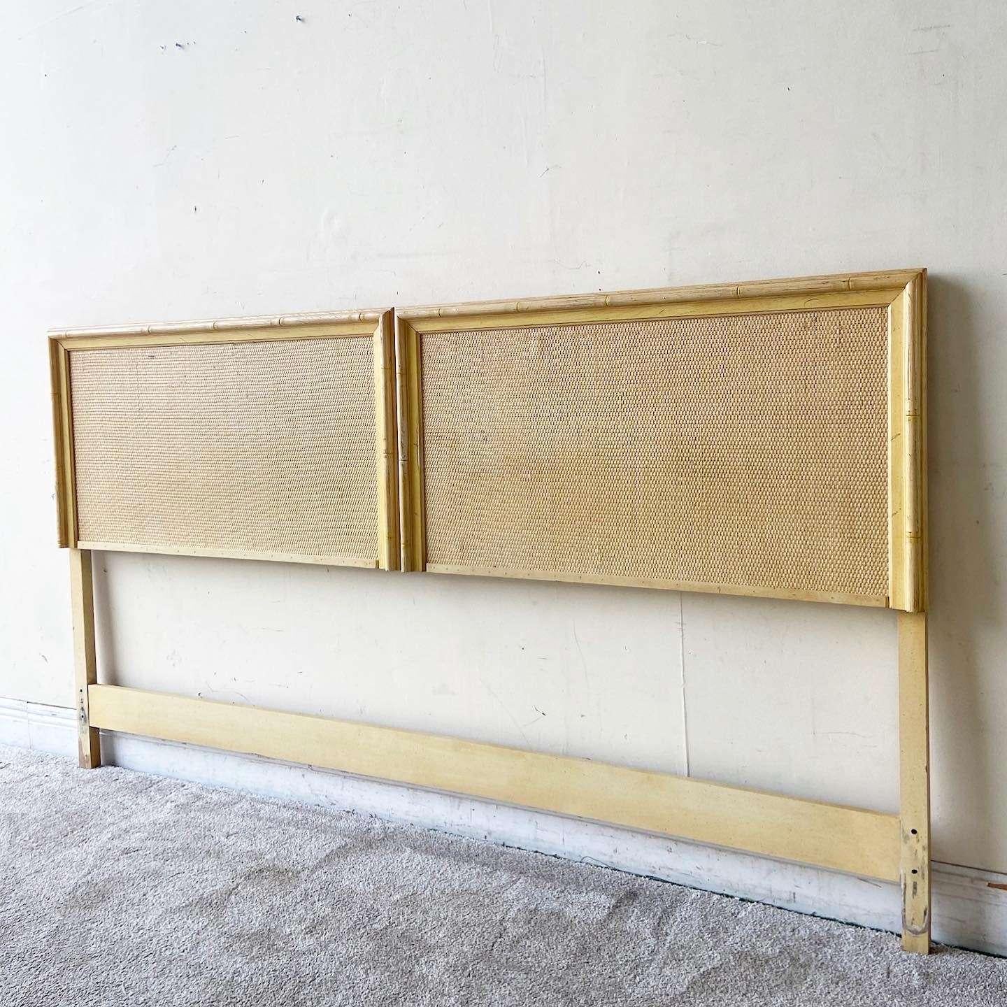 Exceptional vintage boho chic king size headboard. Feature a faux bamboo frame with a cream/light yellow finish.
