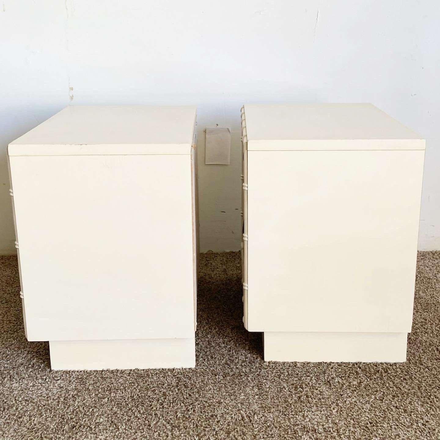 Late 20th Century Boho Chic Faux Bamboo Off White Nightstands - a Pair
