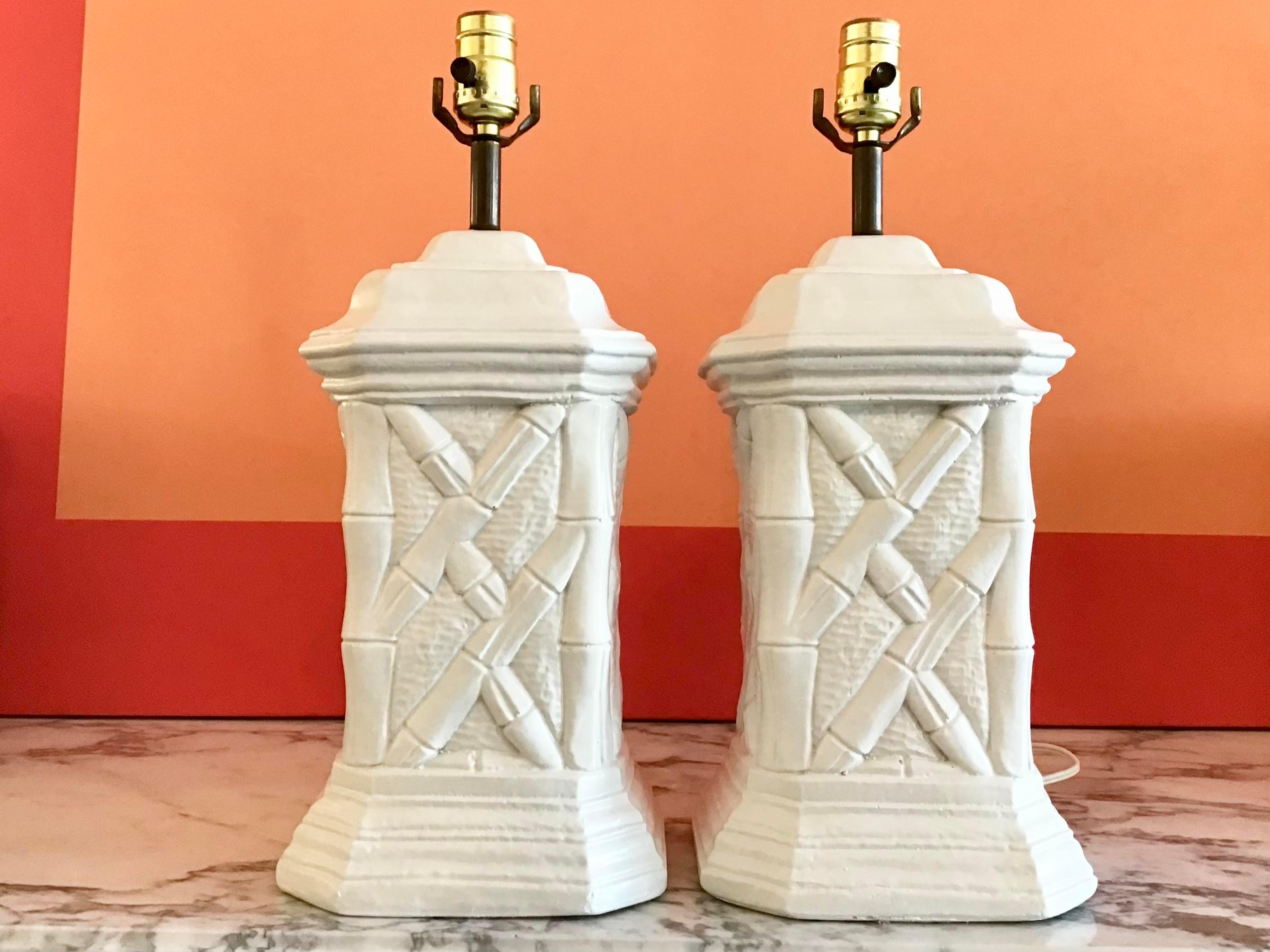 Great fabulous pair of freshly lacquered in white boho chic faux bamboo plaster table lamps. Just add harps, finials, and shades of your choice.