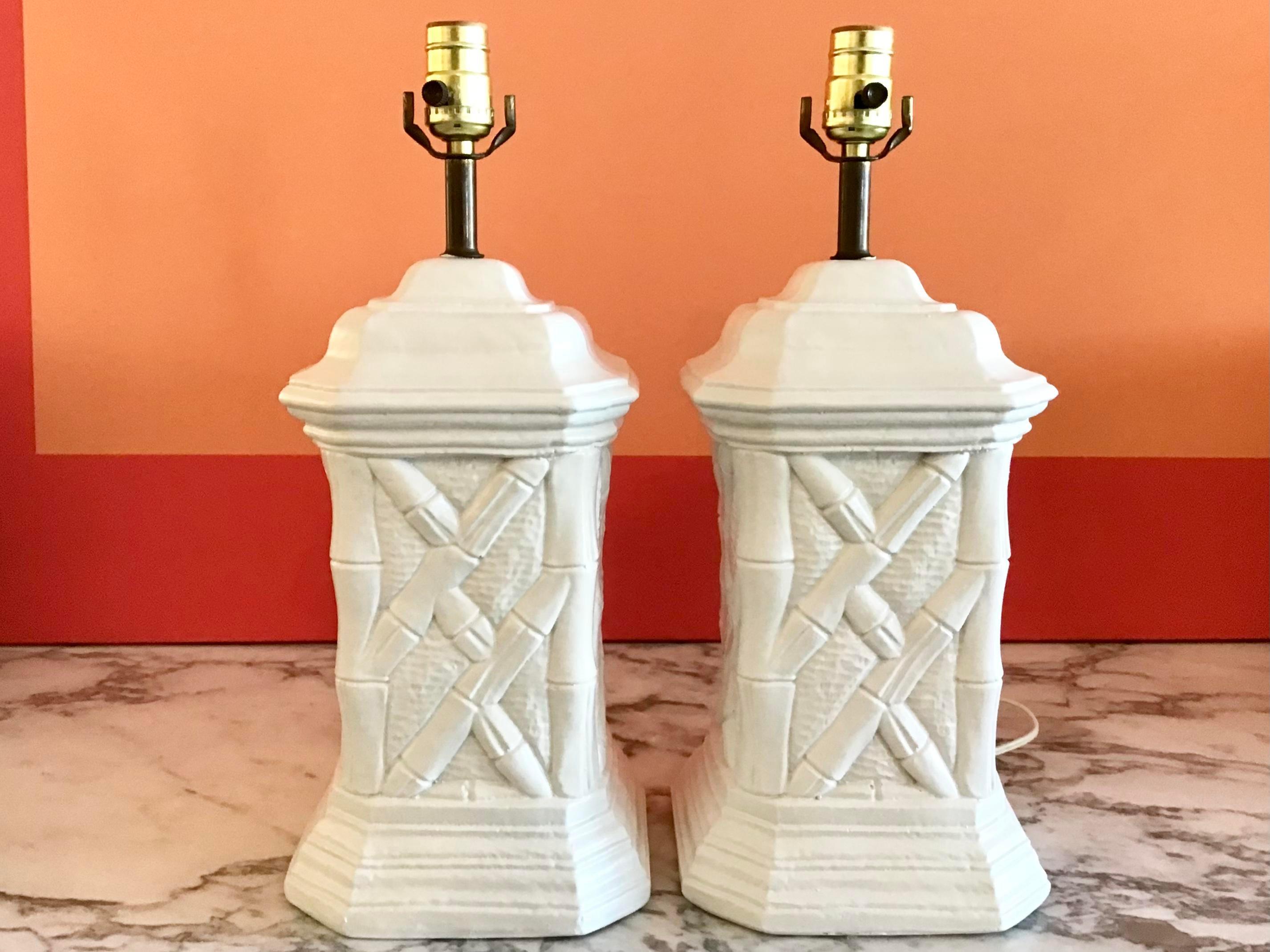 Modern Boho Chic Faux Bamboo Plaster Table Lamps, a Pair For Sale
