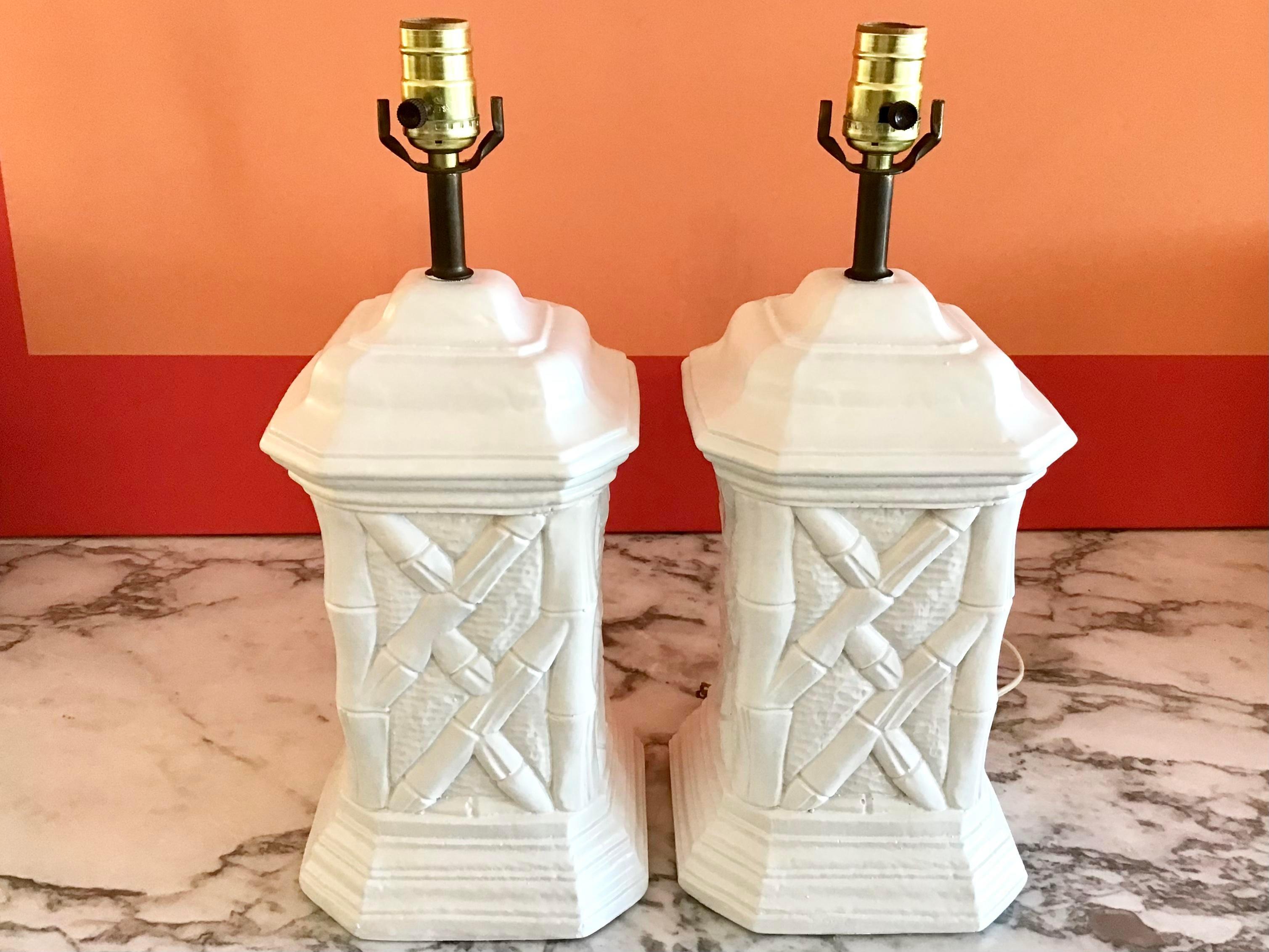 Boho Chic Faux Bamboo Plaster Table Lamps, a Pair In Good Condition For Sale In Los Angeles, CA