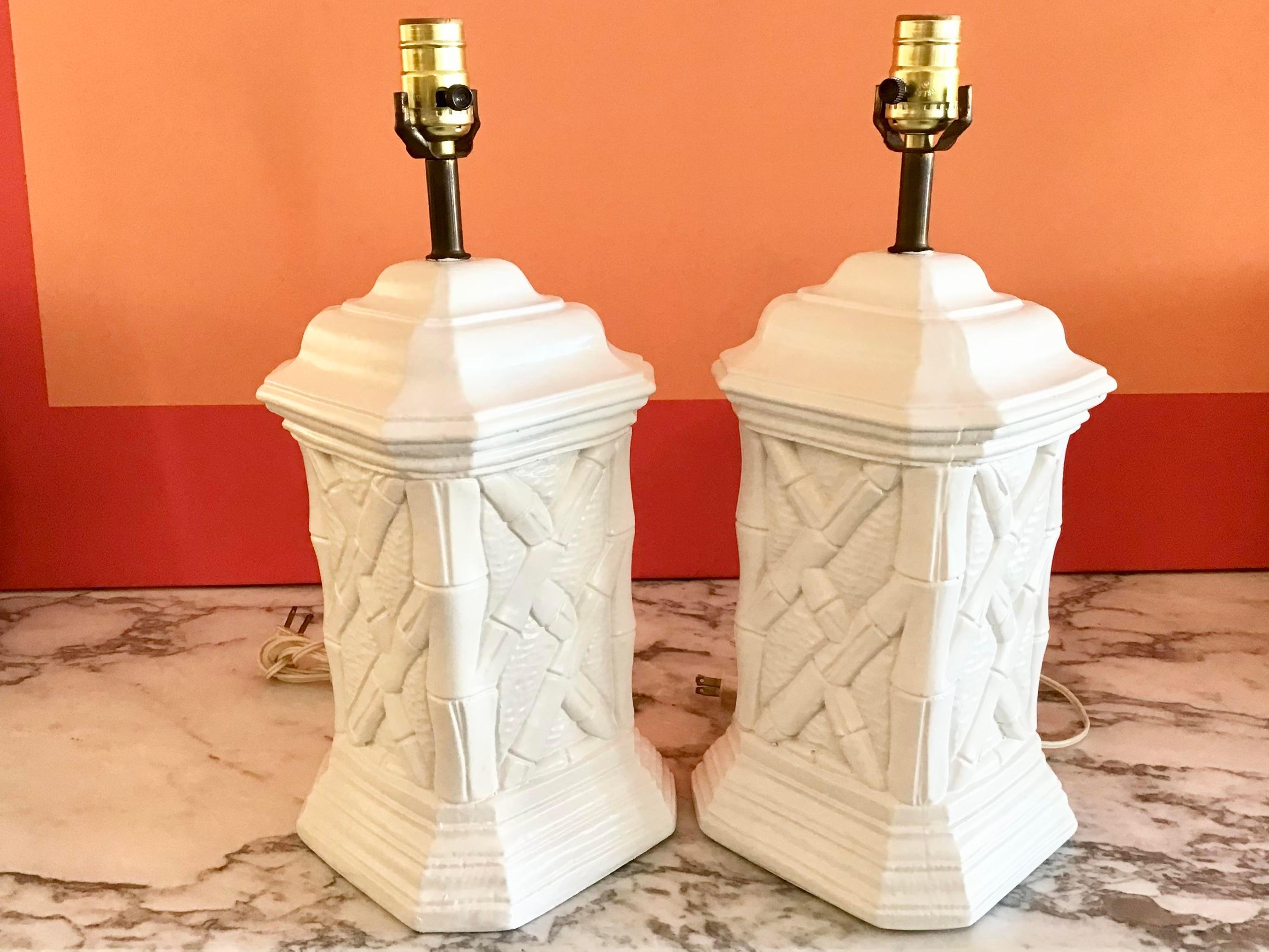 Mid-20th Century Boho Chic Faux Bamboo Plaster Table Lamps, a Pair For Sale