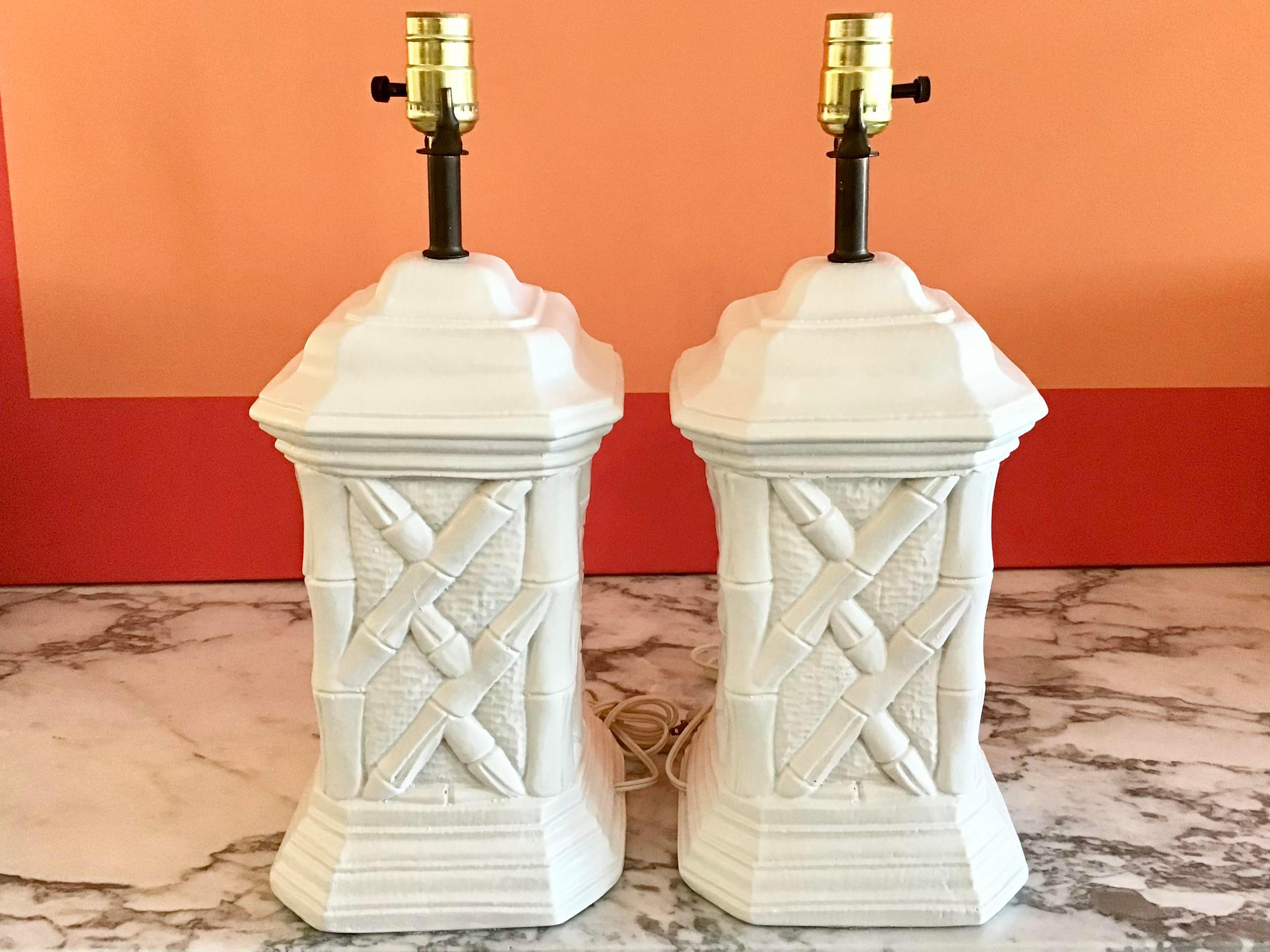 Ceramic Boho Chic Faux Bamboo Plaster Table Lamps, a Pair For Sale