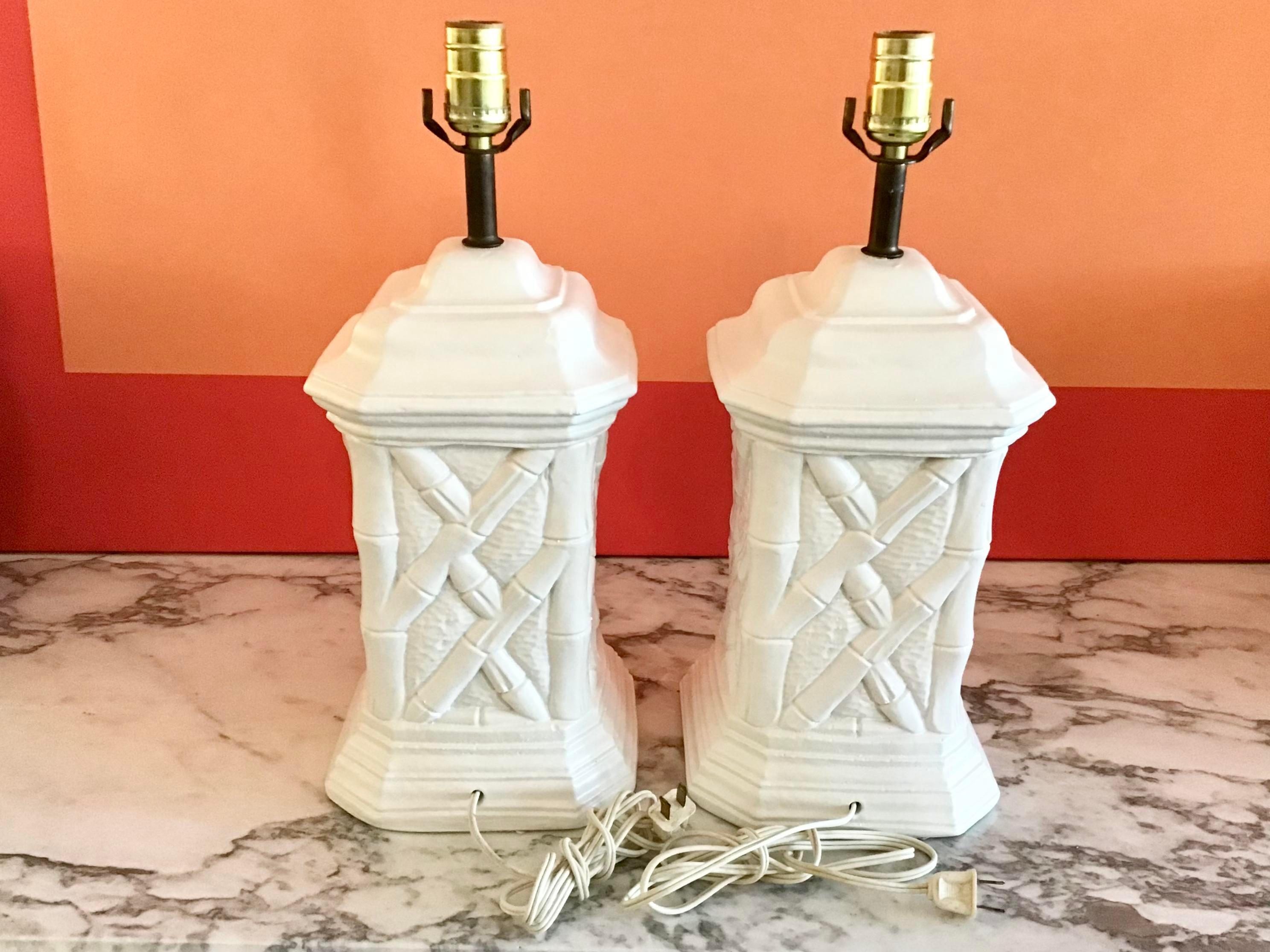 Boho Chic Faux Bamboo Plaster Table Lamps, a Pair For Sale 1