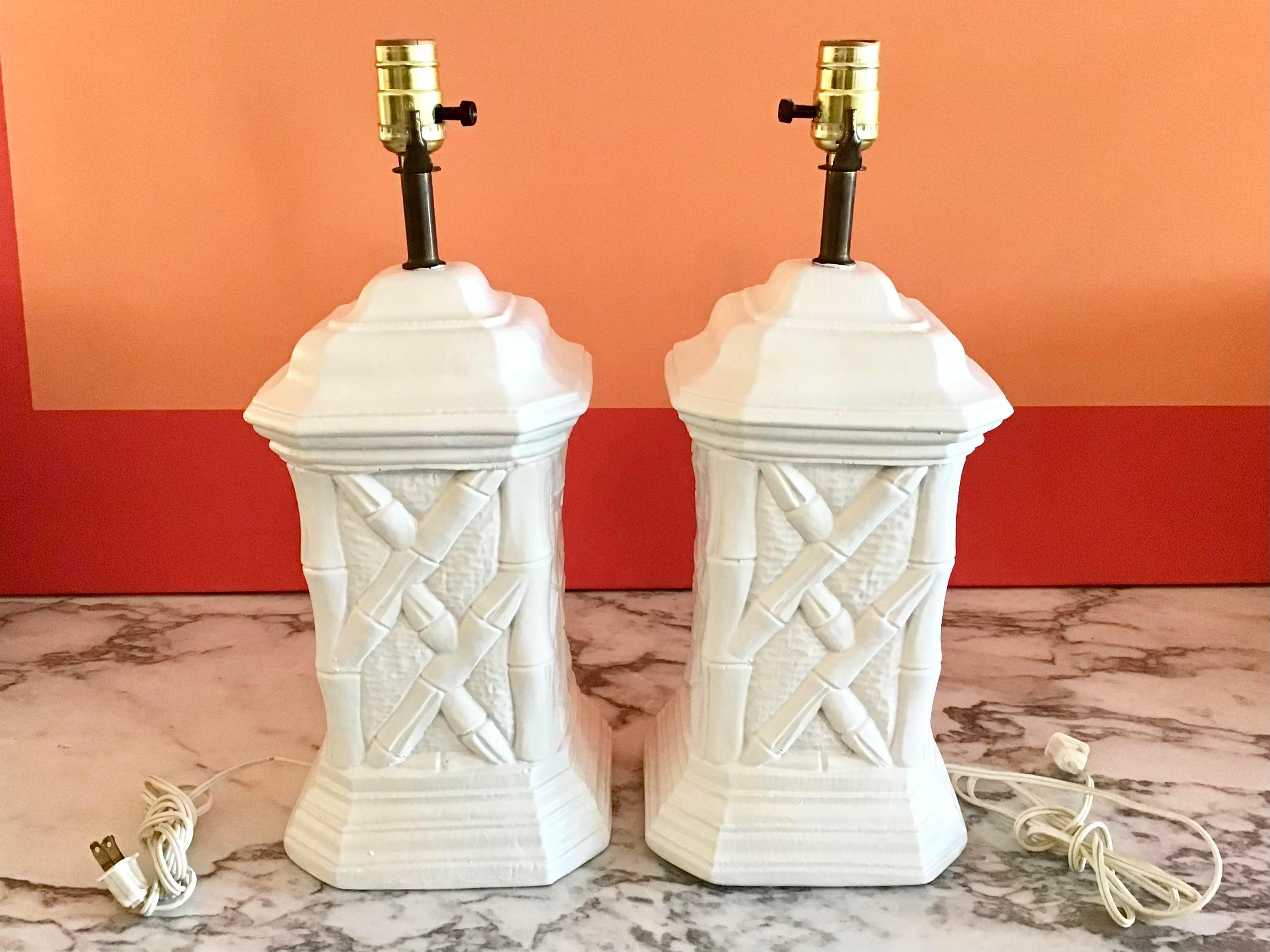 Boho Chic Faux Bamboo Plaster Table Lamps, a Pair For Sale 2