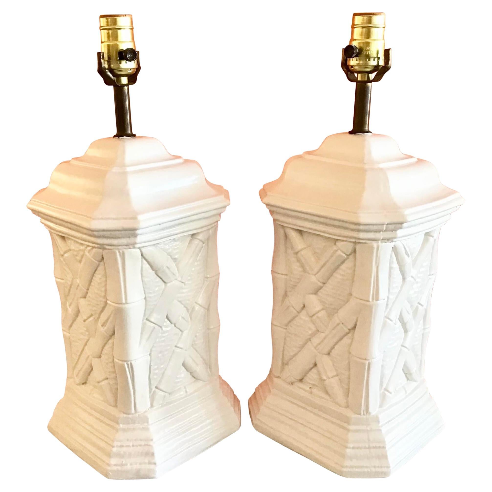 Boho Chic Faux Bamboo Plaster Table Lamps, a Pair For Sale