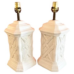 Retro Boho Chic Faux Bamboo Plaster Table Lamps, a Pair