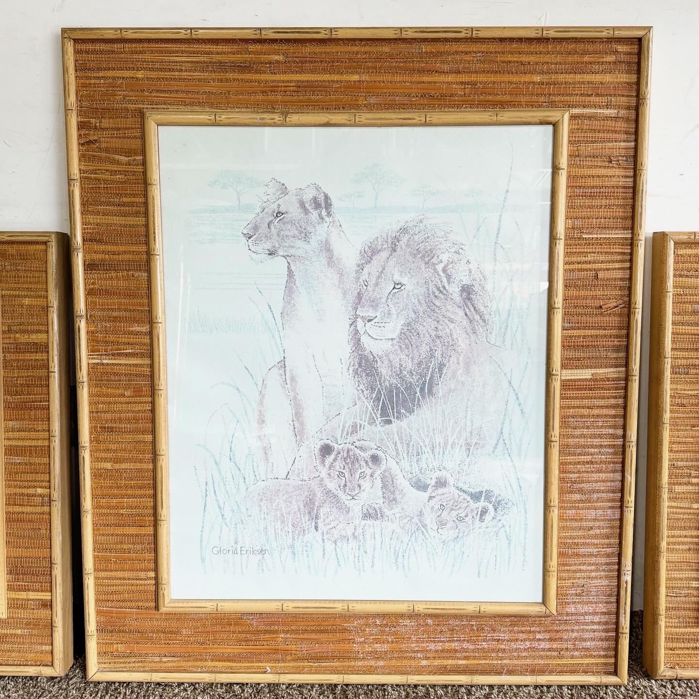 Boho Chic Faux Bamboo Rattan Framed Animals Prints - 3 Pieces For Sale 5