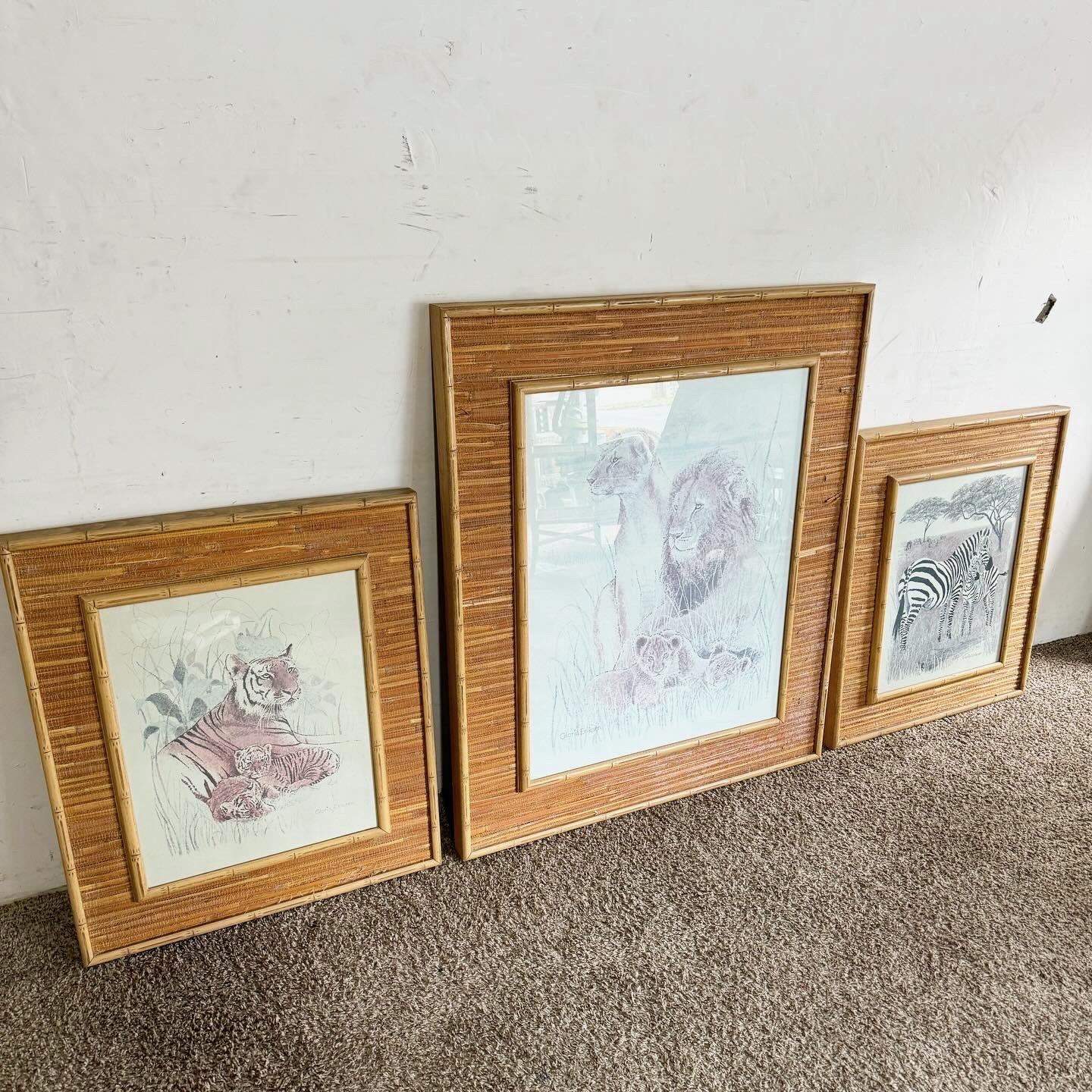 Boho Chic Faux Bamboo Rattan Framed Animals Prints - 3 Pieces In Good Condition For Sale In Delray Beach, FL