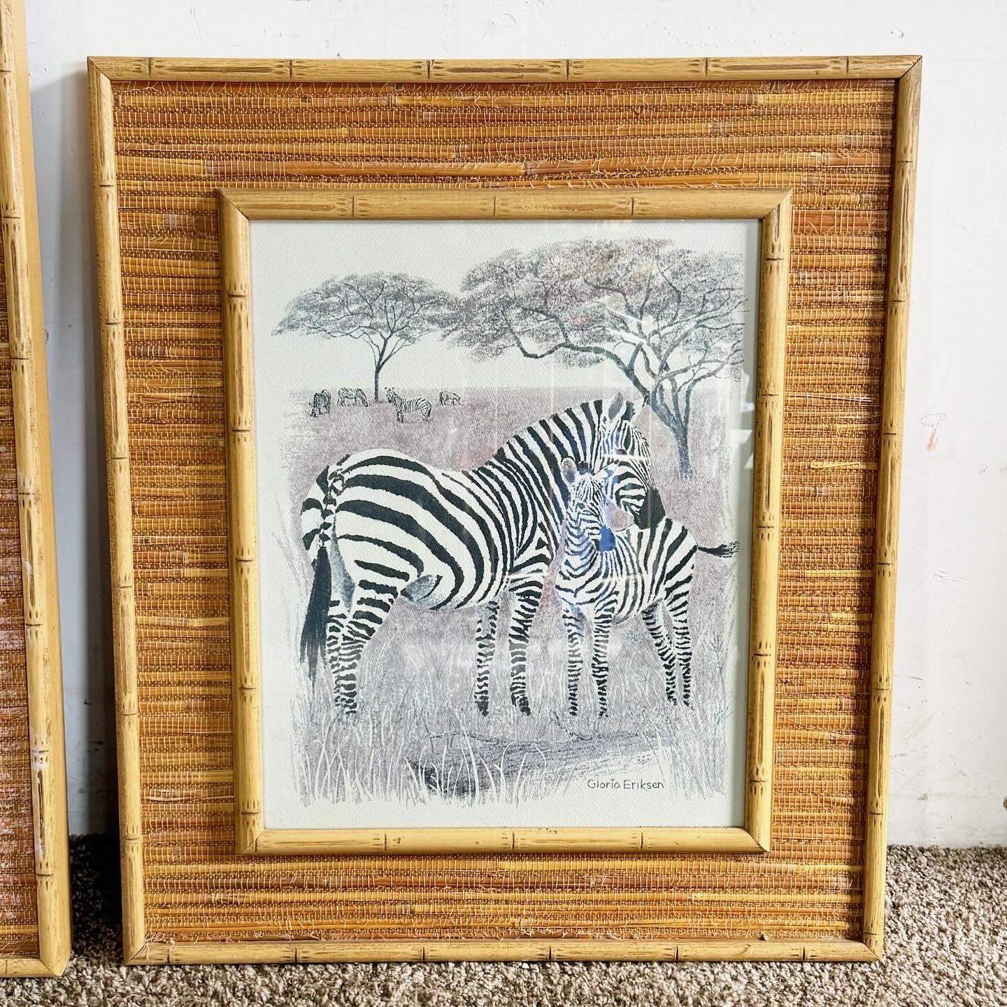 Boho Chic Faux Bamboo Rattan Framed Animals Prints - 3 Pieces For Sale 4