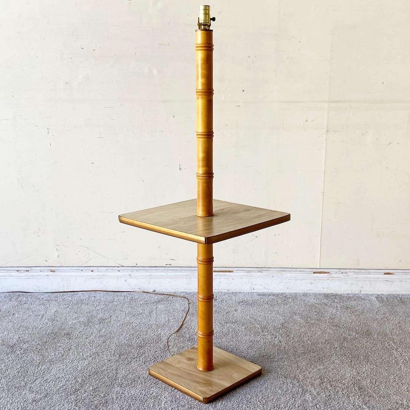 Bohemian Boho Chic Faux Bamboo Side Table Floor Lamp For Sale