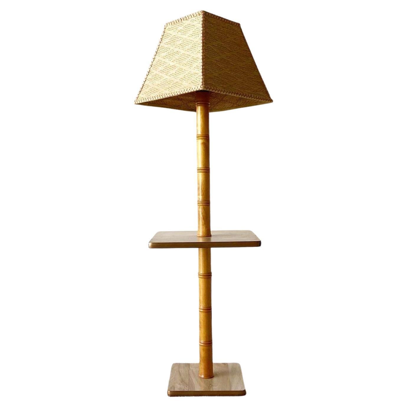 Boho Chic Faux Bamboo Side Table Floor Lamp For Sale