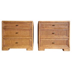 Vintage Boho Chic Faux Bamboo Wicker Nightstands, a Pair