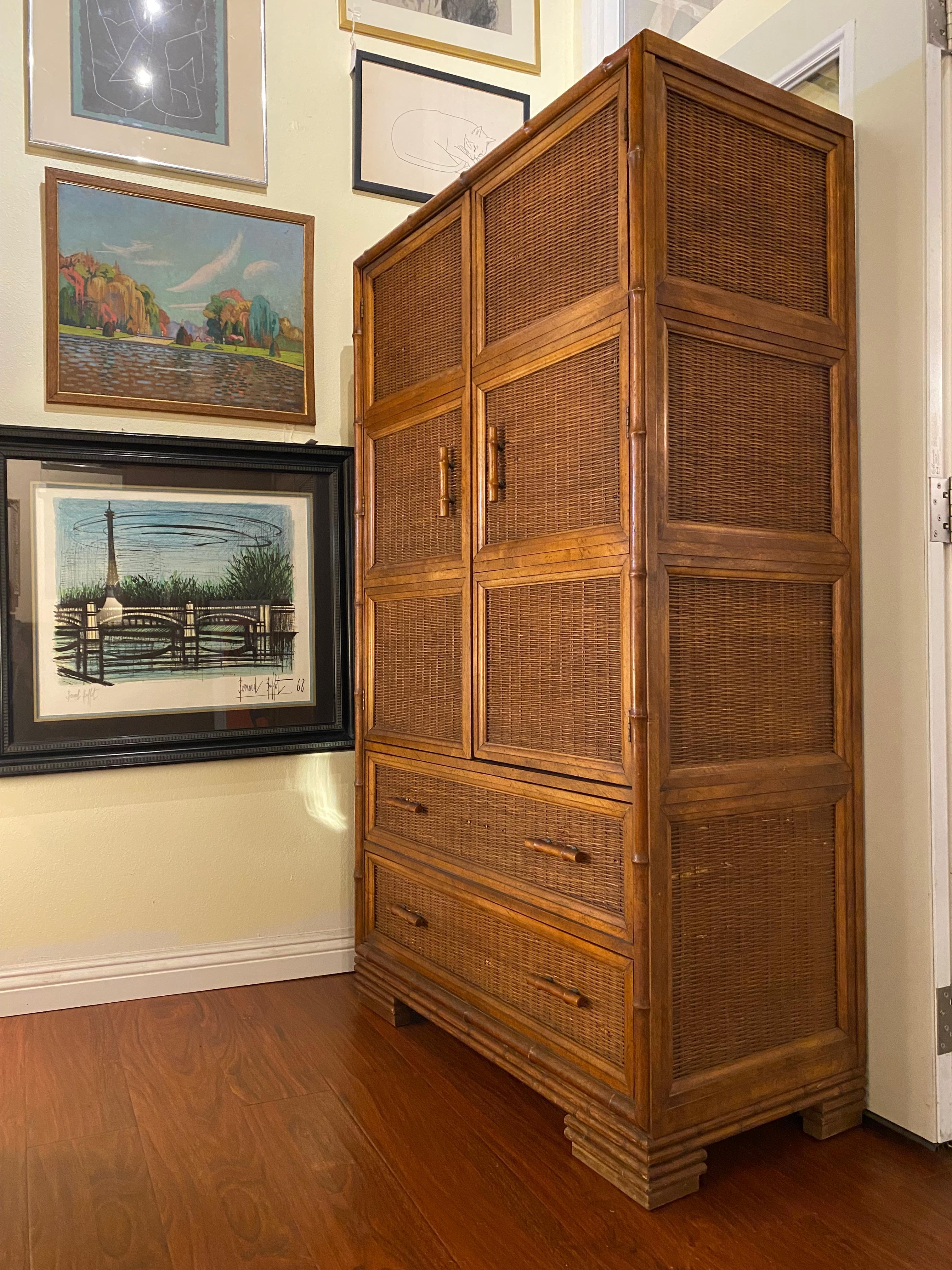 Mid-Century Modern Boho Chic Faux Bamboo & Wicker Wooden Cabinet by American Of Martinsville