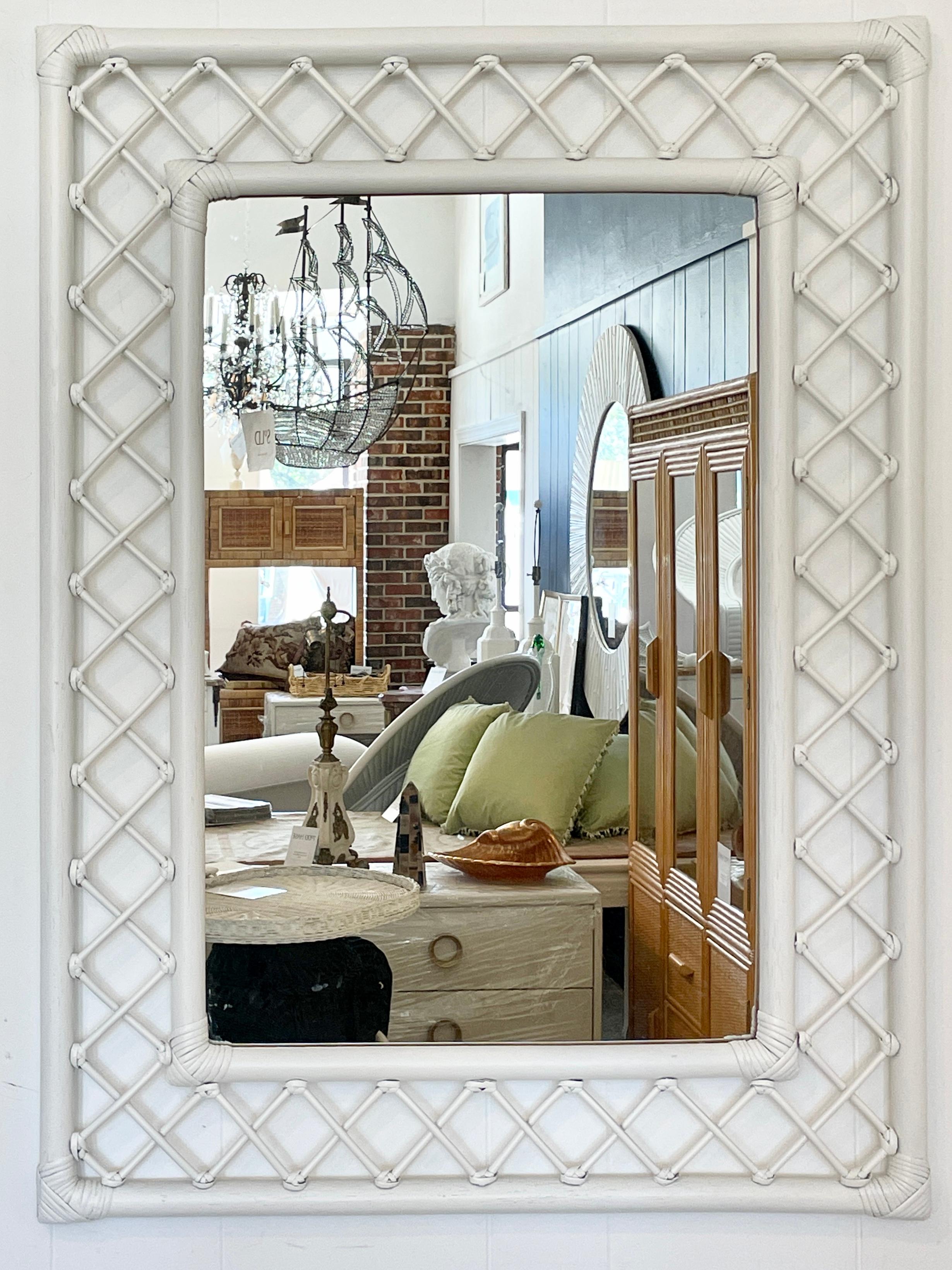 Beautiful boho chic Ficks Reed lattice bamboo framed mirror. Freshly lacquered in white. Great addition to your boho chic inspired interiors.