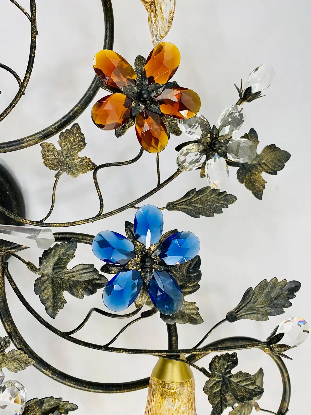Boho Chic Flowers and Leaves Faux Crystal and Metal Ceiling Chandelier, 4 Lights For Sale 2