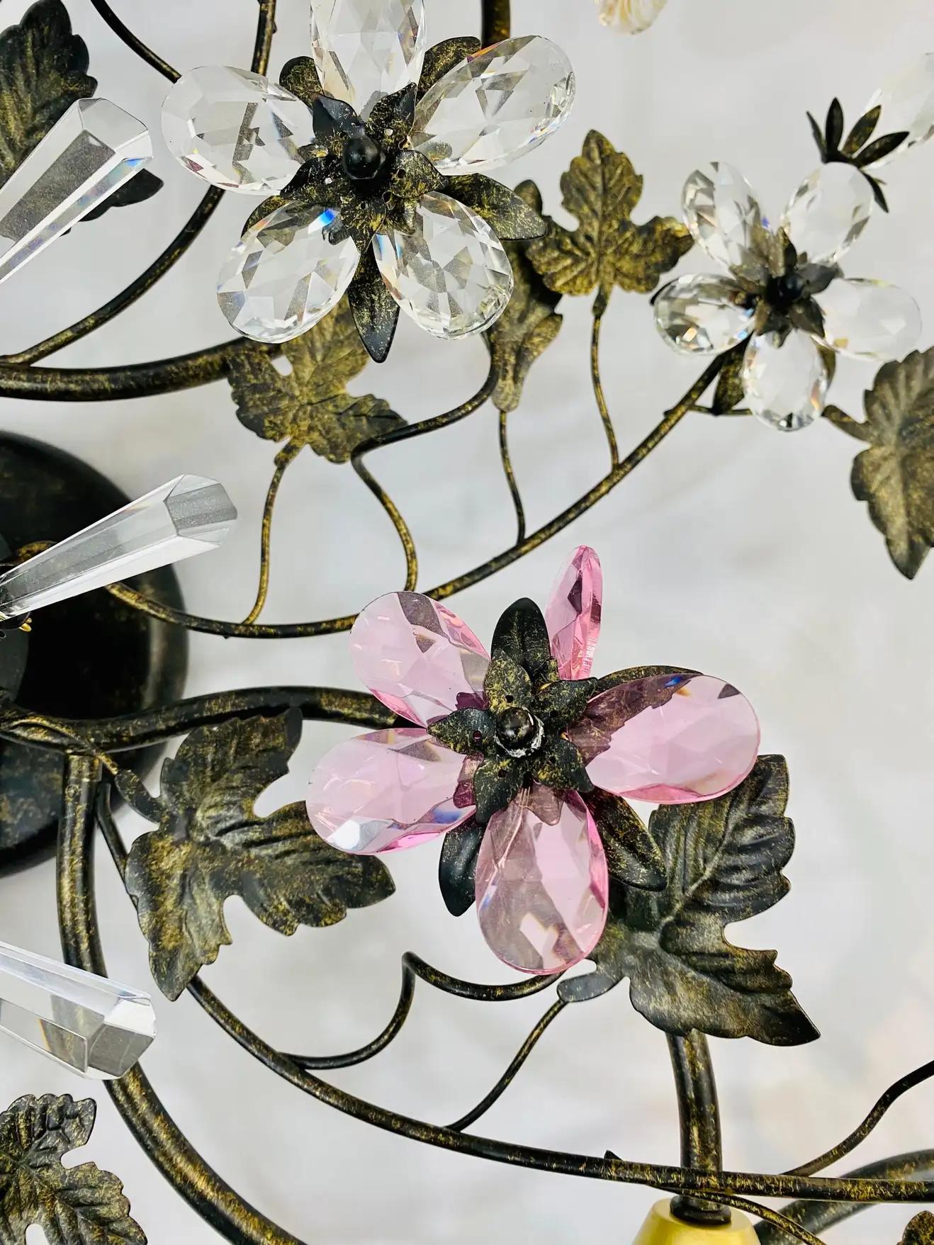 Boho Chic Flowers and Leaves Faux Crystal and Metal Ceiling Chandelier, 4 Lights For Sale 3