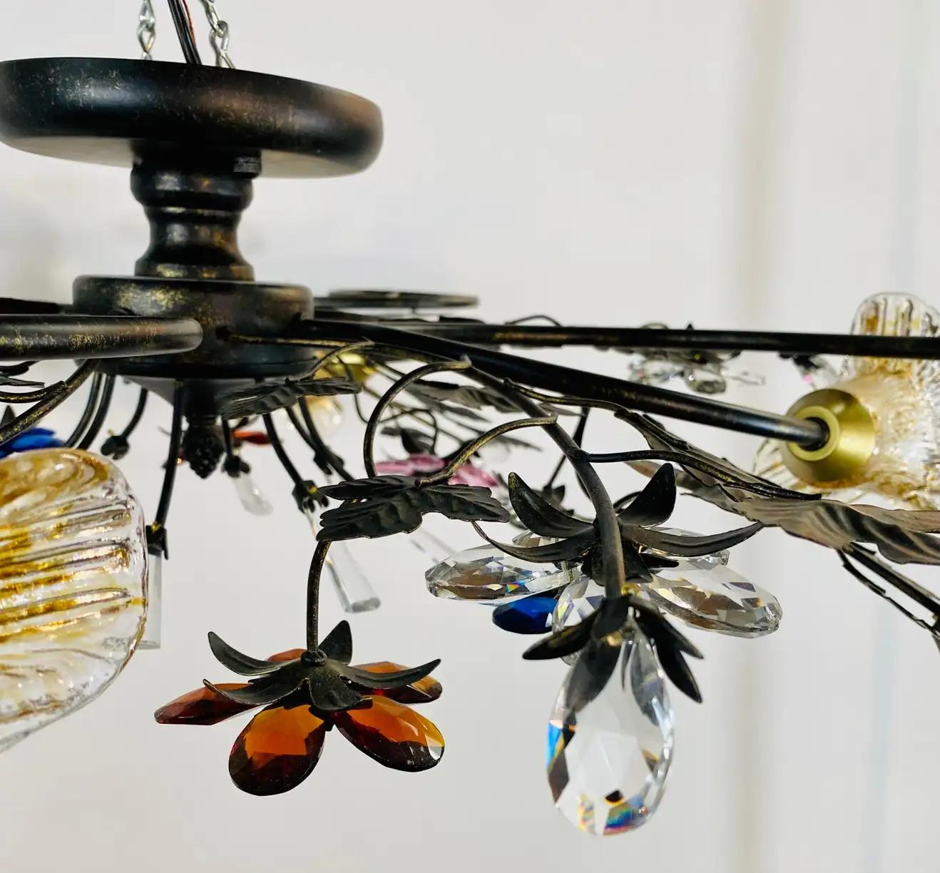 Bohemian Boho Chic Flowers and Leaves Faux Crystal and Metal Ceiling Chandelier, 4 Lights For Sale