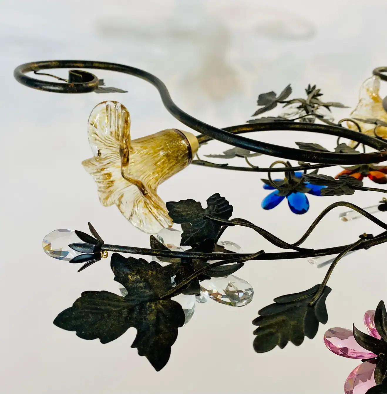 Boho Chic Flowers and Leaves Faux Crystal and Metal Ceiling Chandelier, 4 Lights In Good Condition For Sale In Plainview, NY
