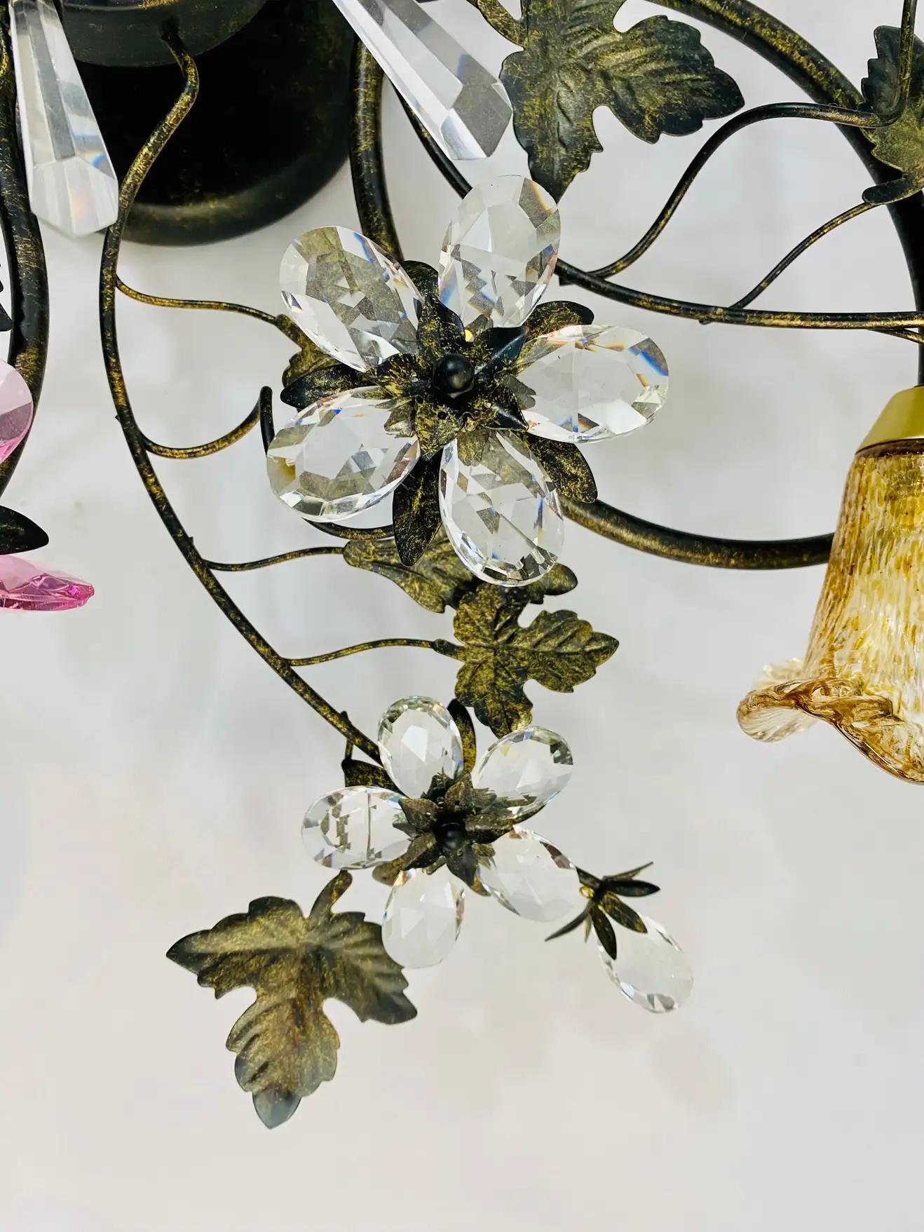 Boho Chic Flowers and Leaves Faux Crystal and Metal Ceiling Chandelier, 4 Lights For Sale 1