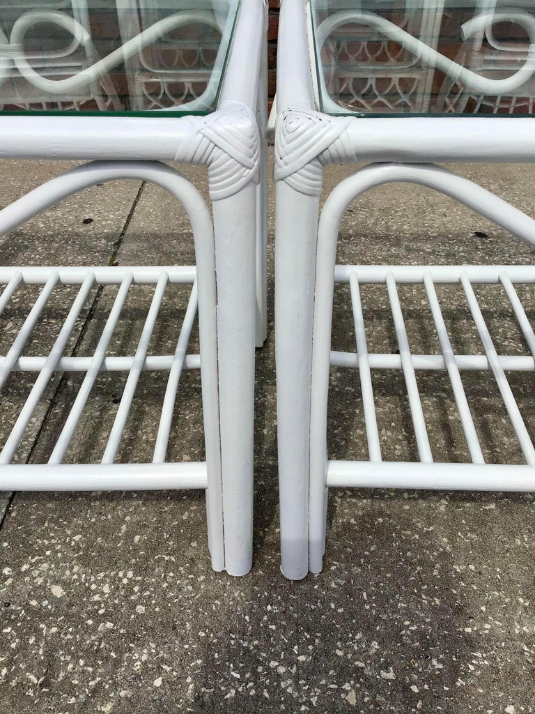 Boho Chic Fresh White Rattan Side Tables, a Pair For Sale at 1stDibs