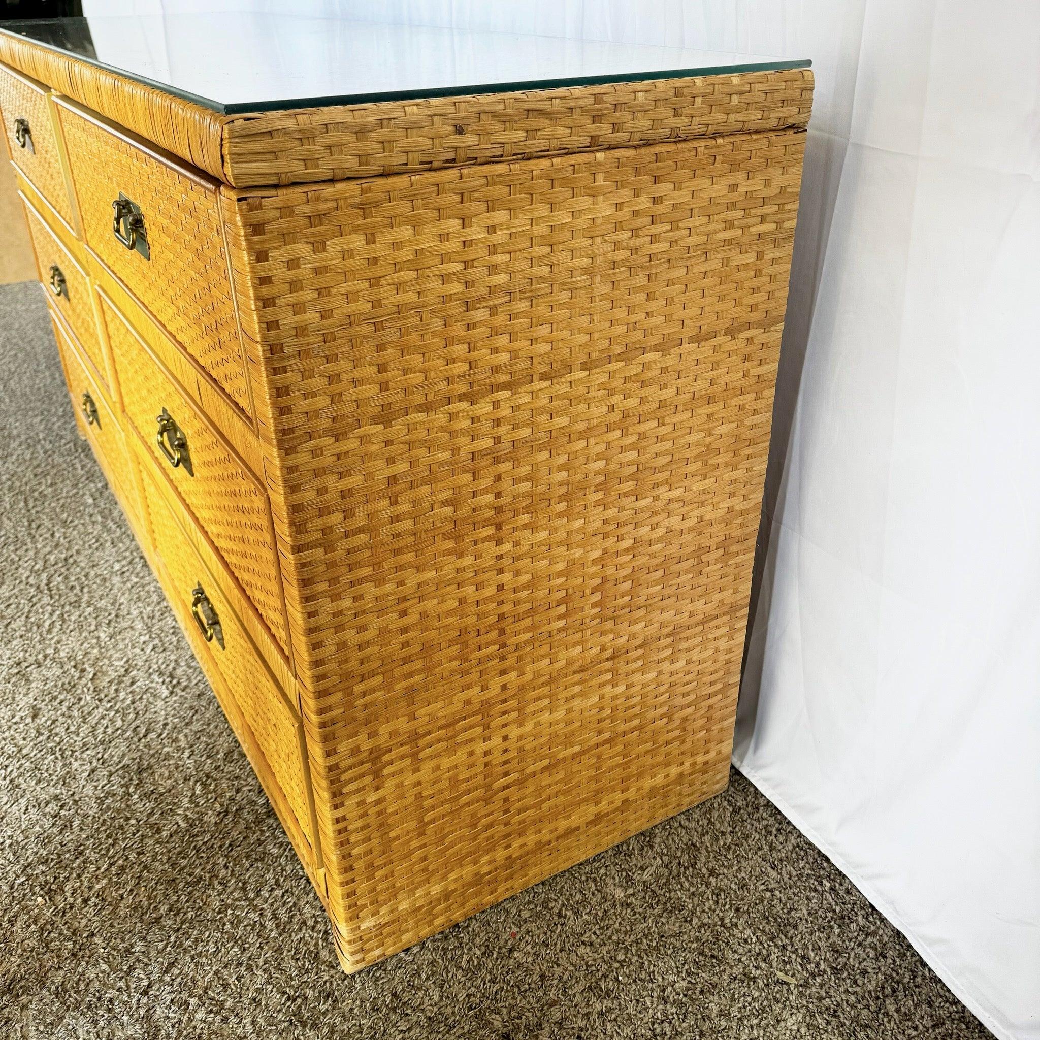 American Boho Chic Glass Top Wicker Dresser With Brass Handles by Dixie