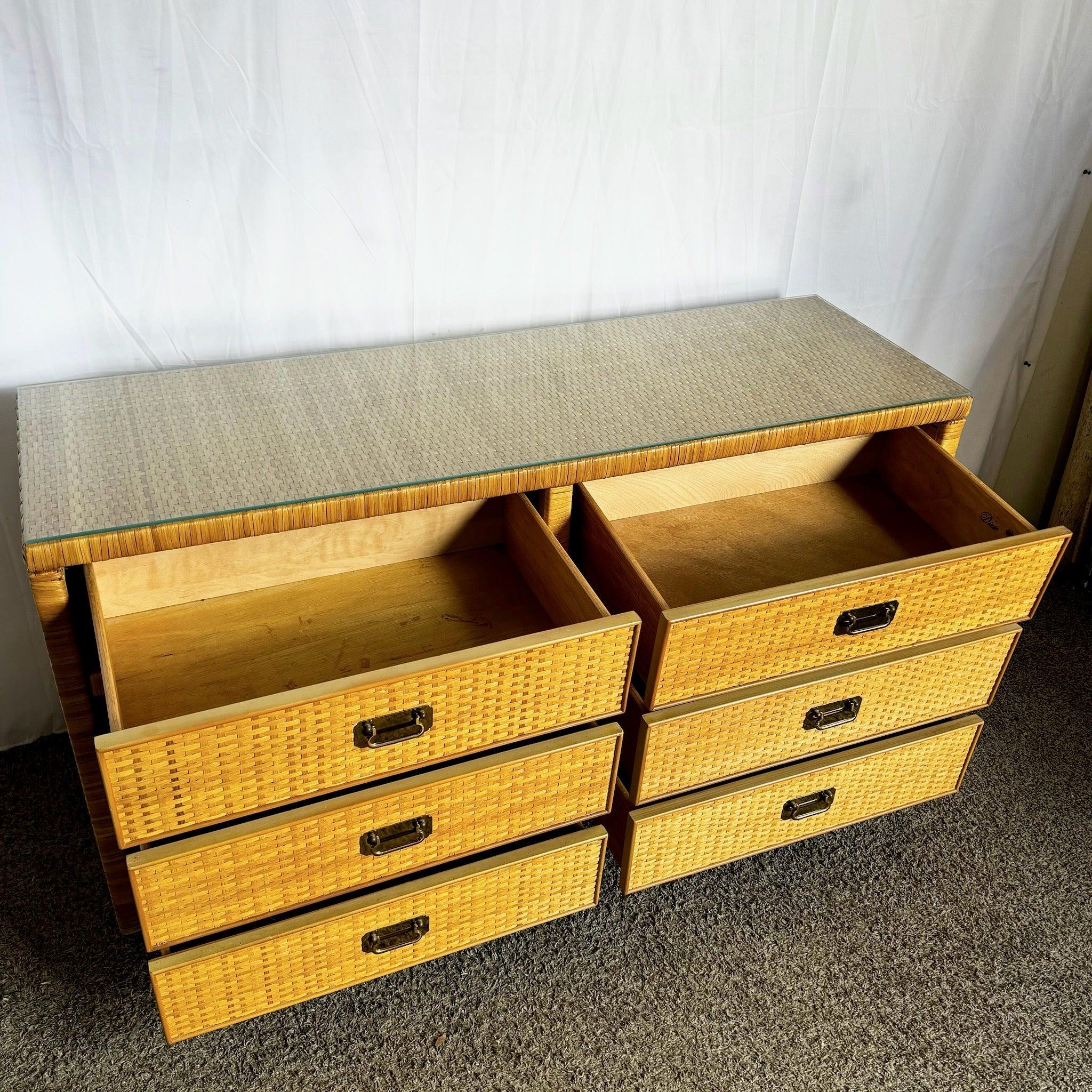 Boho Chic Glass Top Wicker Dresser With Brass Handles by Dixie In Good Condition In Delray Beach, FL